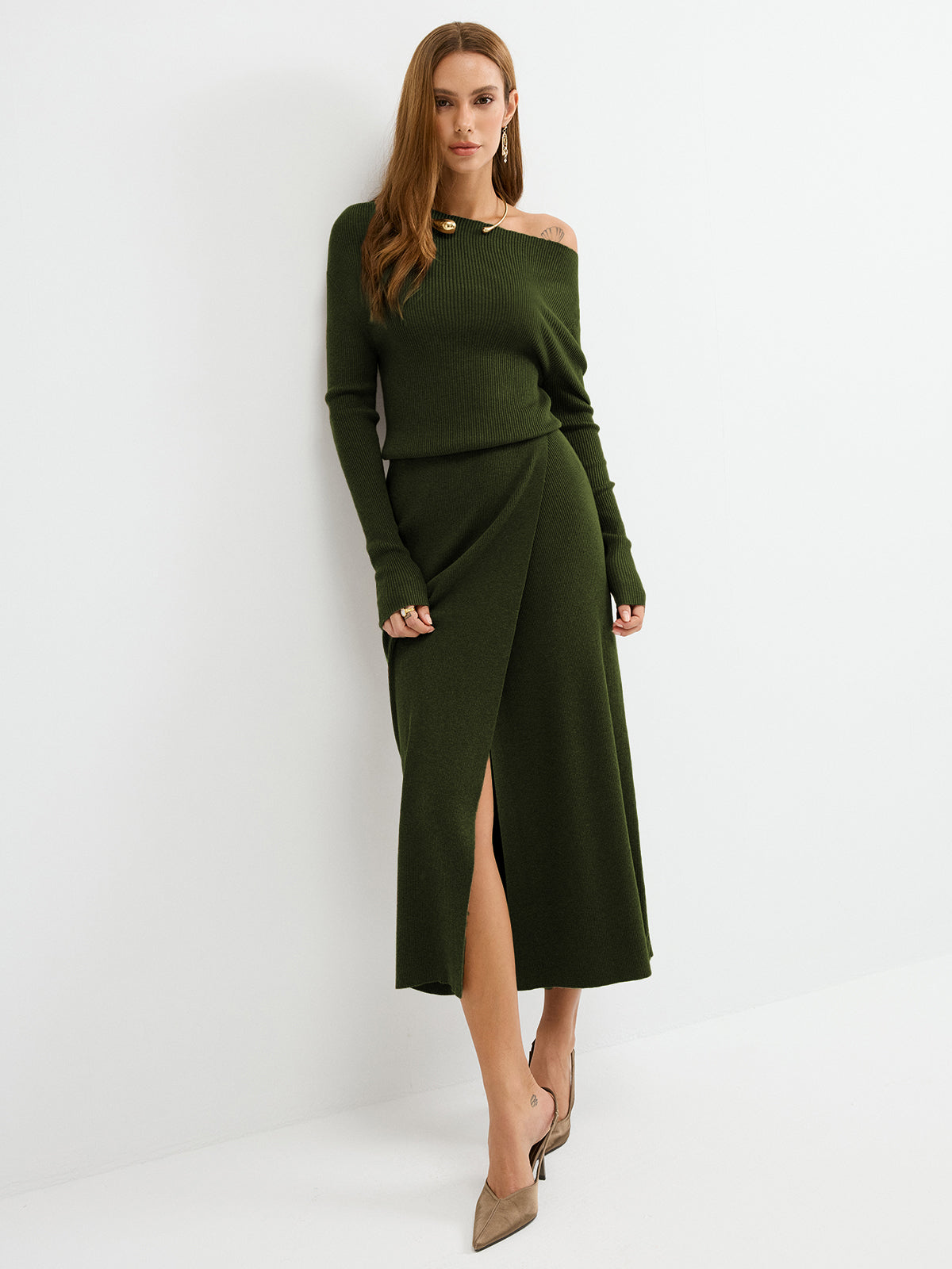 Off-Shoulder Ribbed Wool Blend Maxi Dress-Chicvia