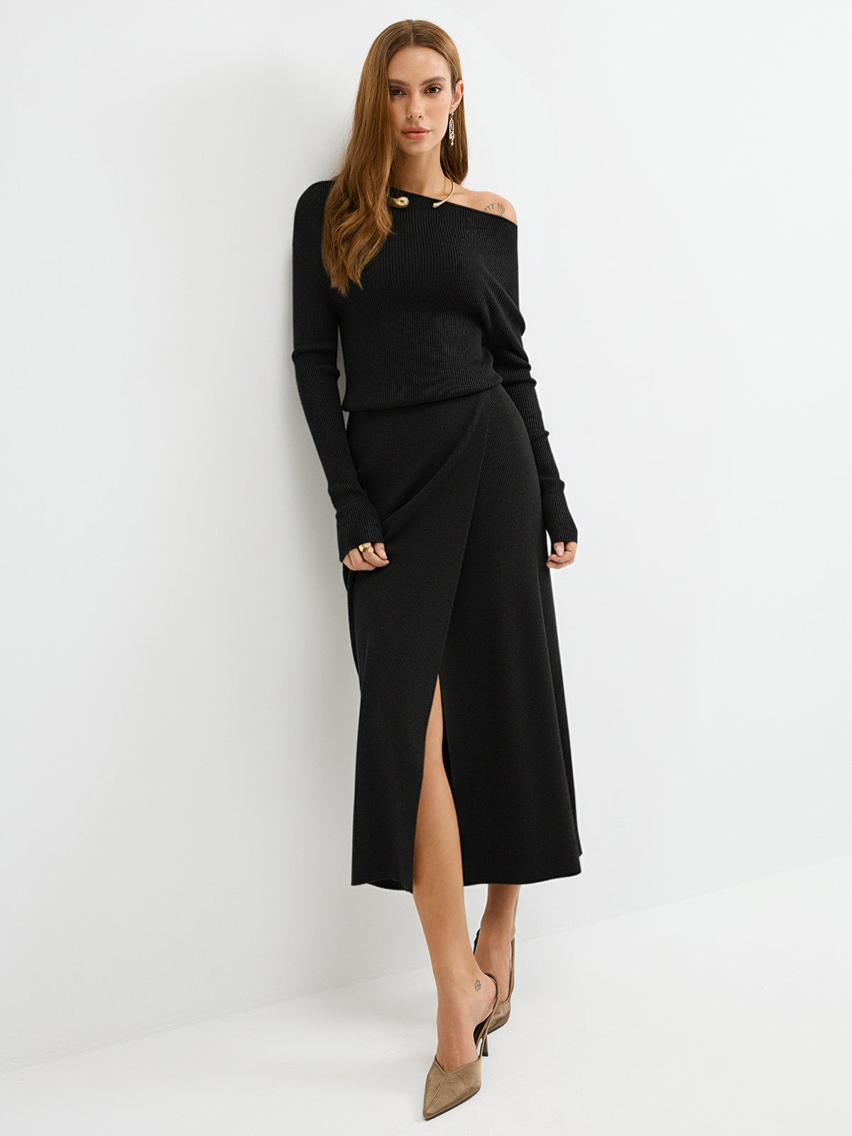 Off-Shoulder Ribbed Wool Blend Maxi Dress-Chicvia
