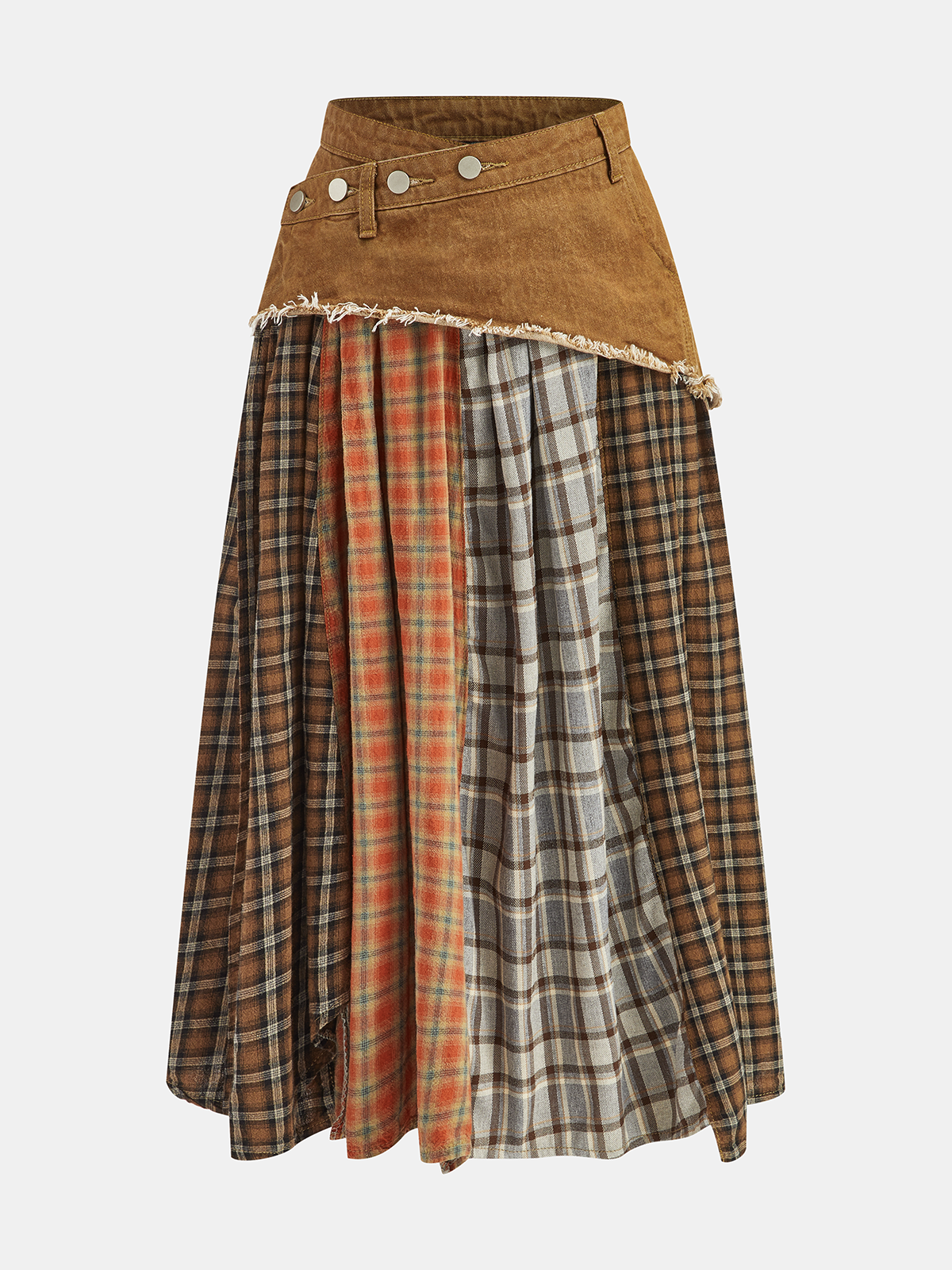 Denim Paneled Mixed Plaid Midi Skirt-Chicvia