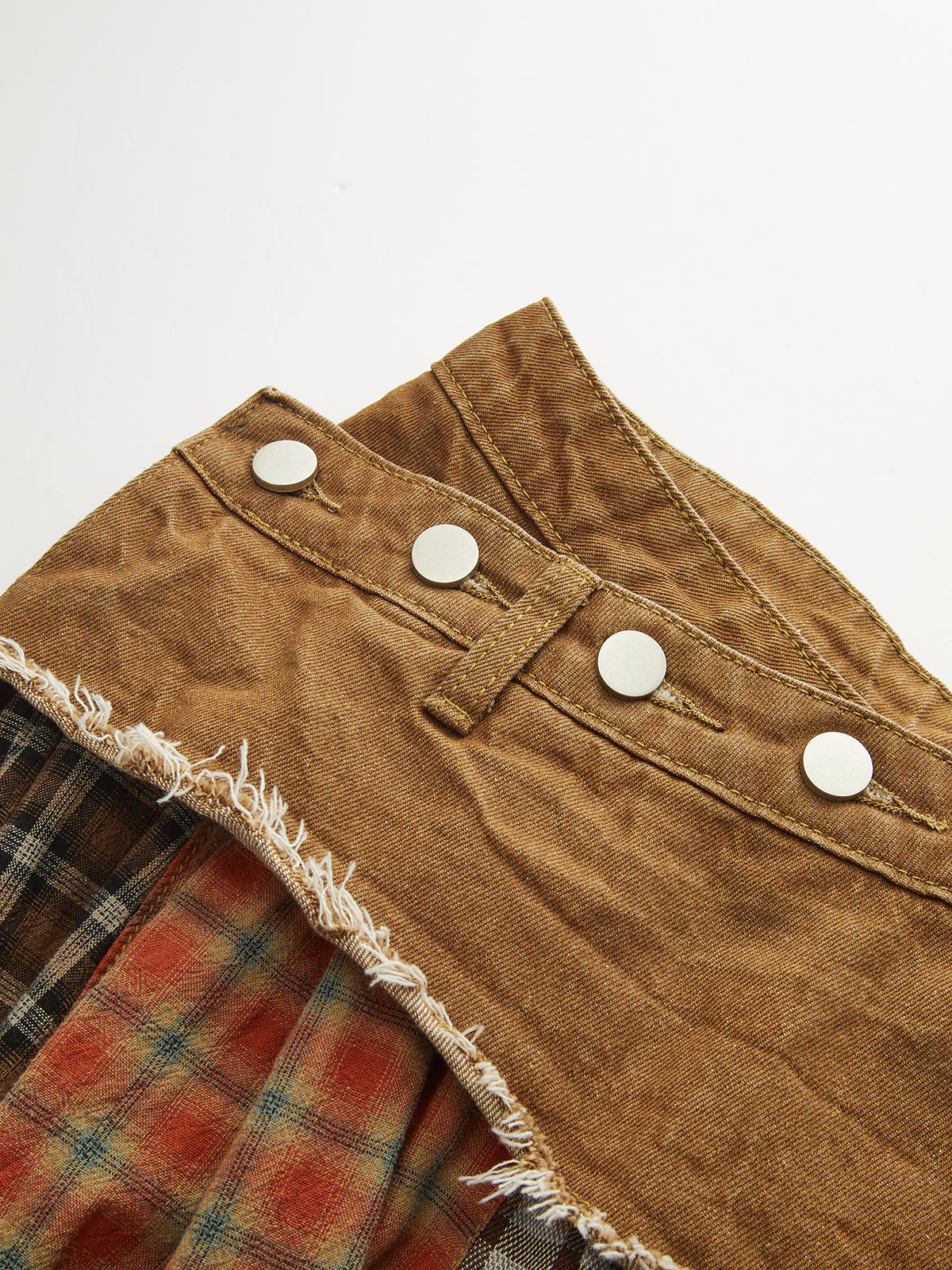 Denim Paneled Mixed Plaid Midi Skirt-Chicvia