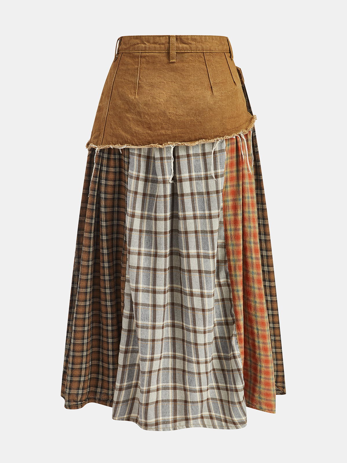 Denim Paneled Mixed Plaid Midi Skirt-Chicvia