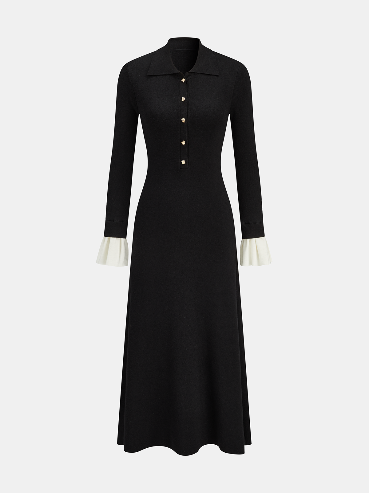 Contrast Cuff Collared Knit Maxi Dress-Chicvia