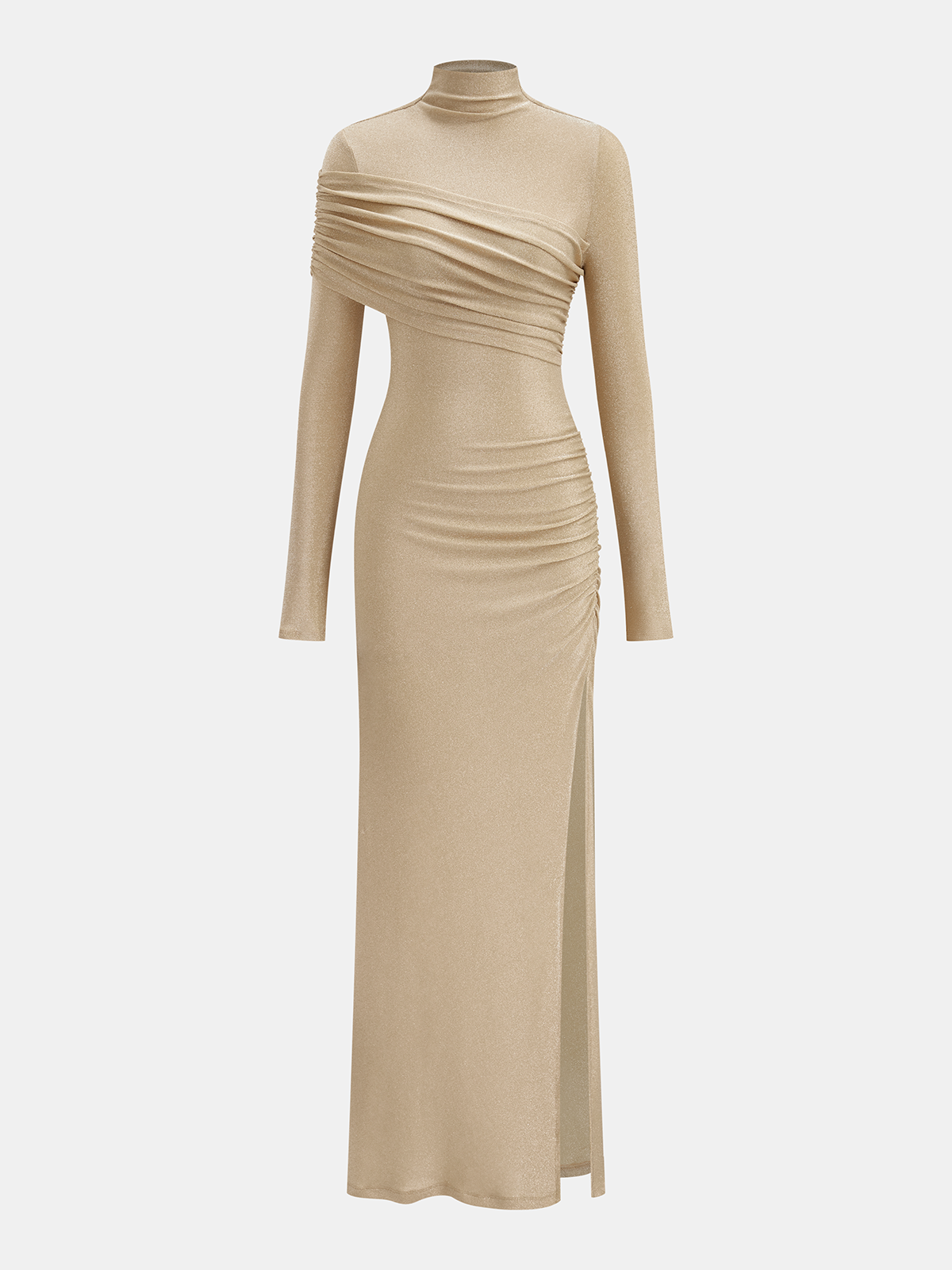 Mock Neck Ruched Slit Maxi Dress-Chicvia