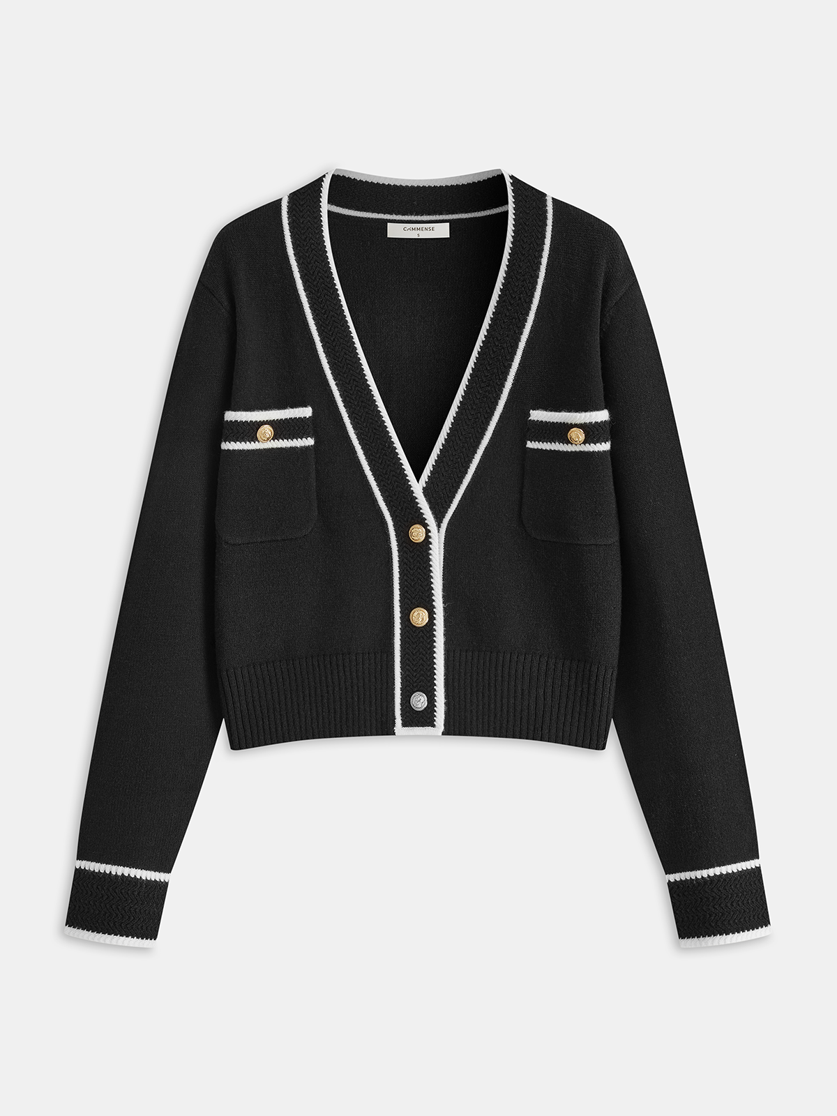 Contrast Trim Metal Button Wool-Blend Cardigan-Chicvia