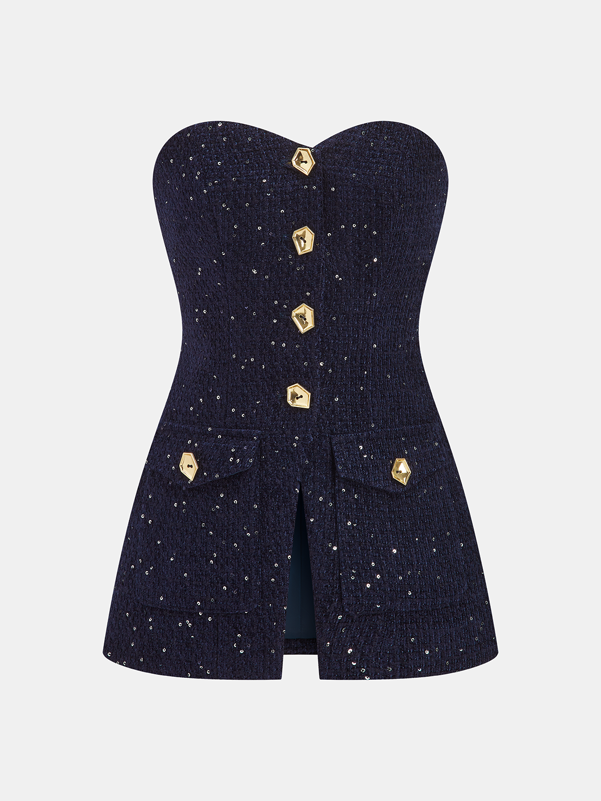 Metal Button Sequin Tweed Strapless Vest-Chicvia