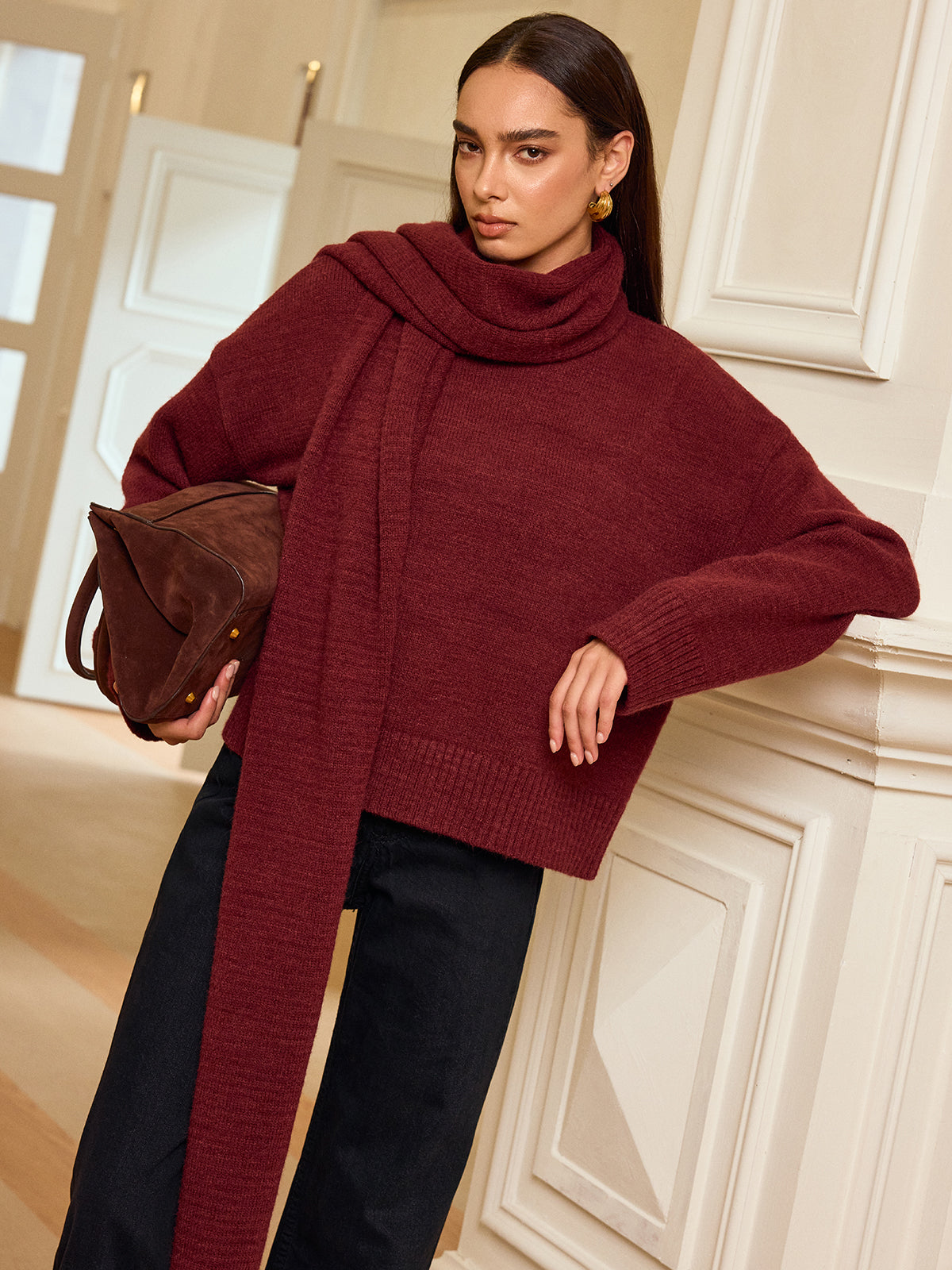 Oversized Knit Sweater with Scarf-Chicvia