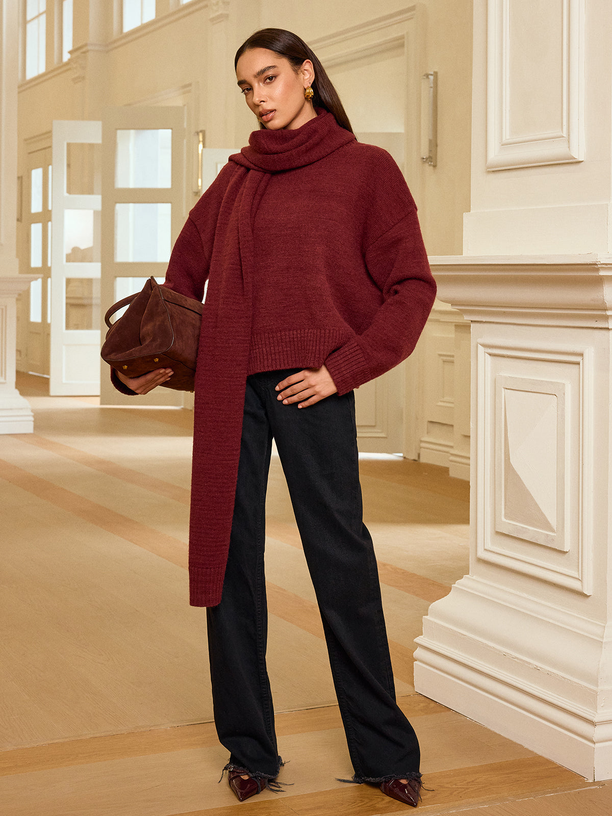 Oversized Knit Sweater with Scarf-Chicvia