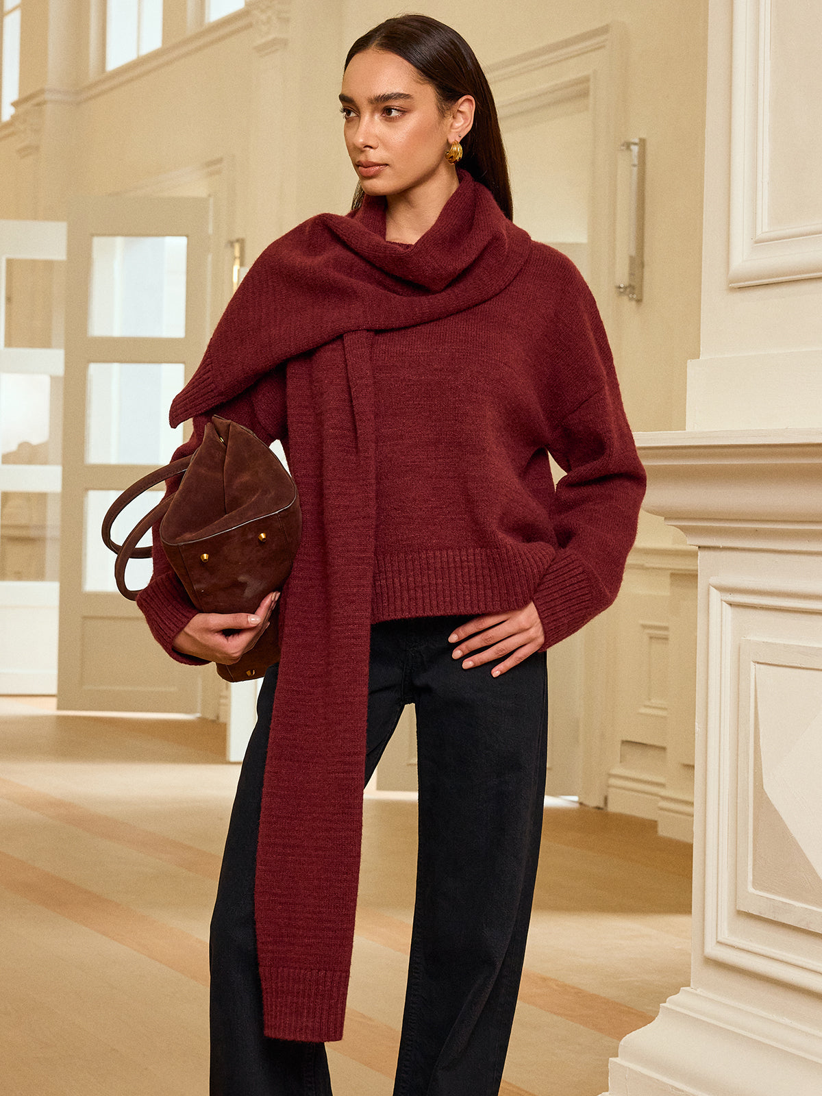 Oversized Knit Sweater with Scarf-Chicvia