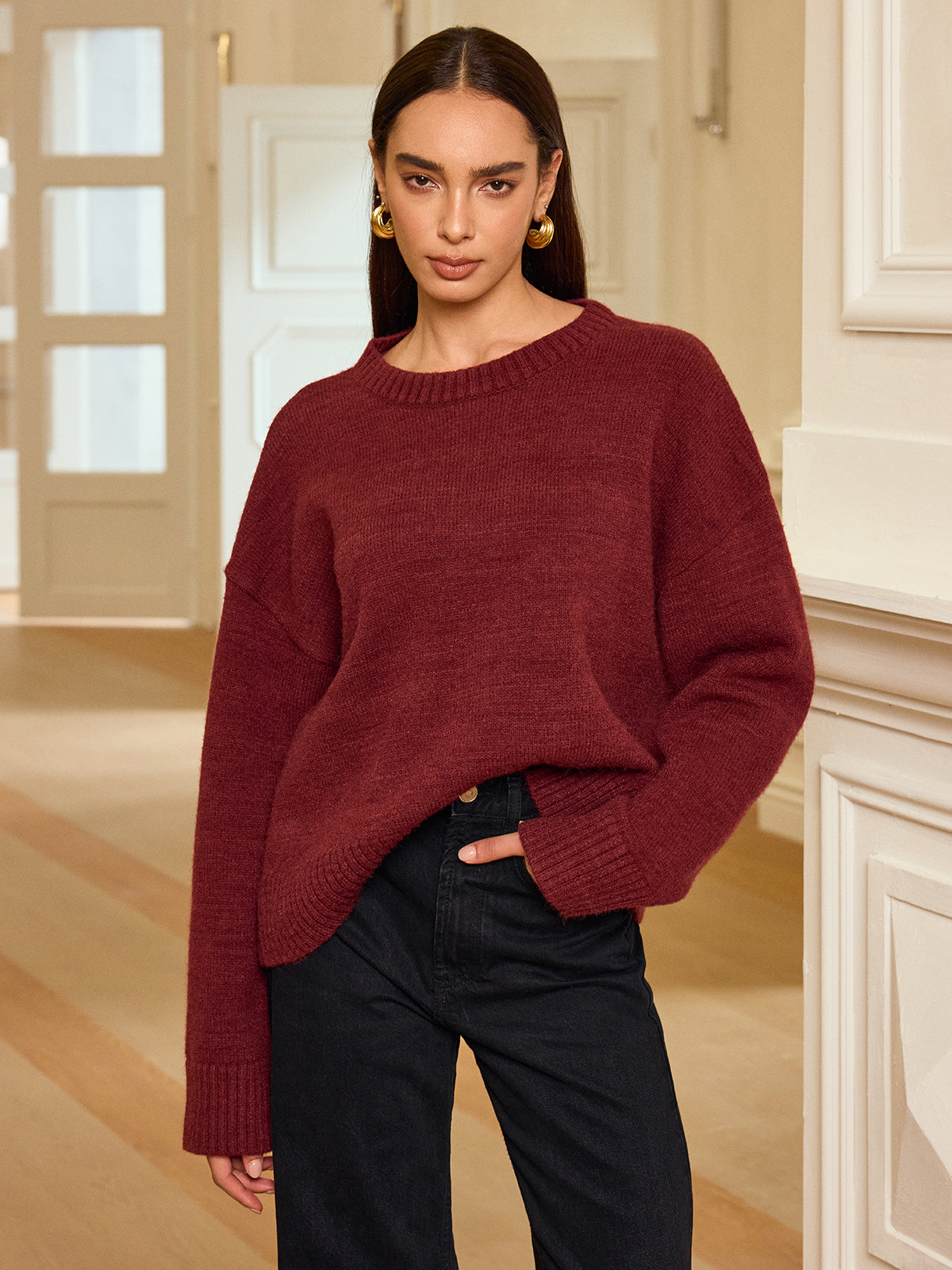 Oversized Knit Sweater with Scarf-Chicvia