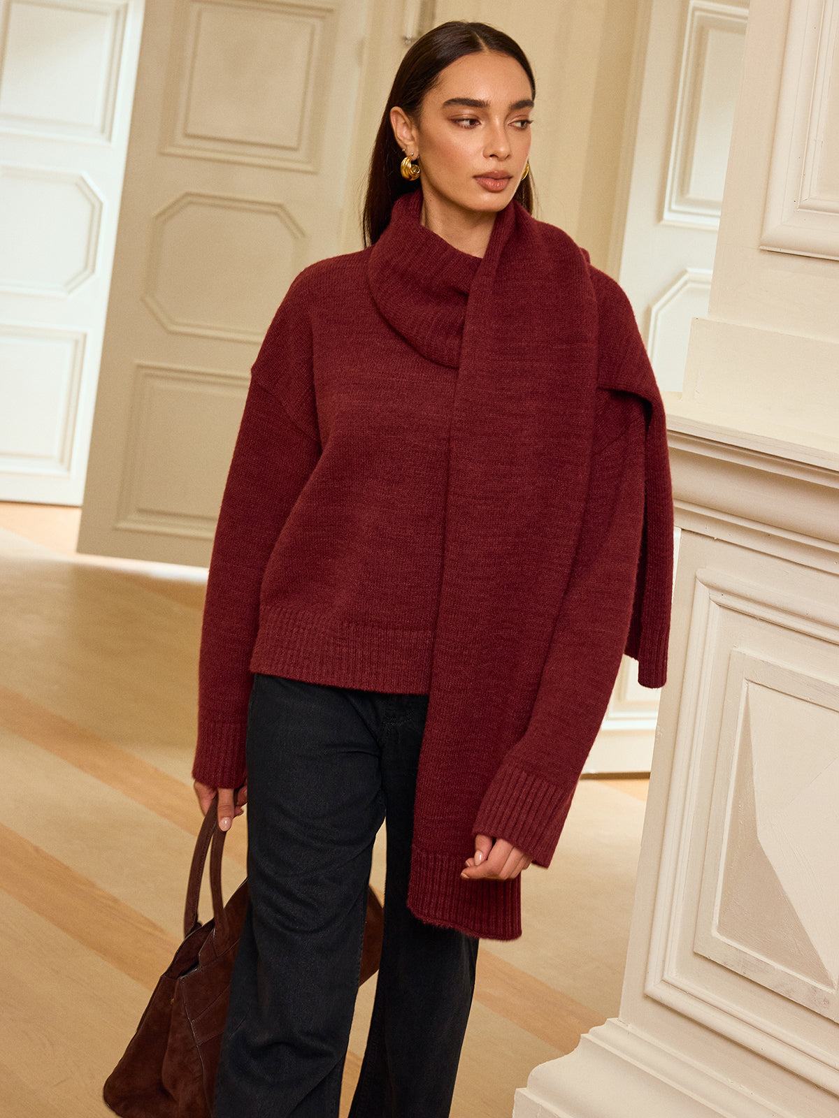 Oversized Knit Sweater with Scarf-Chicvia