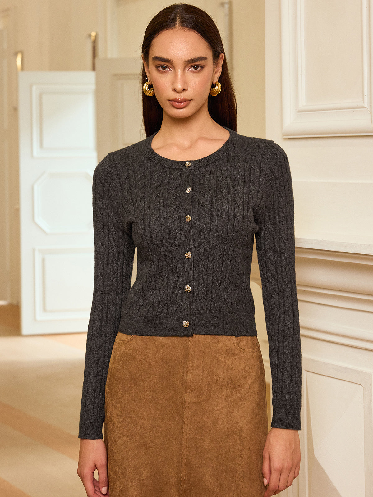 Metal Button Cable-Knit Cardigan-Chicvia