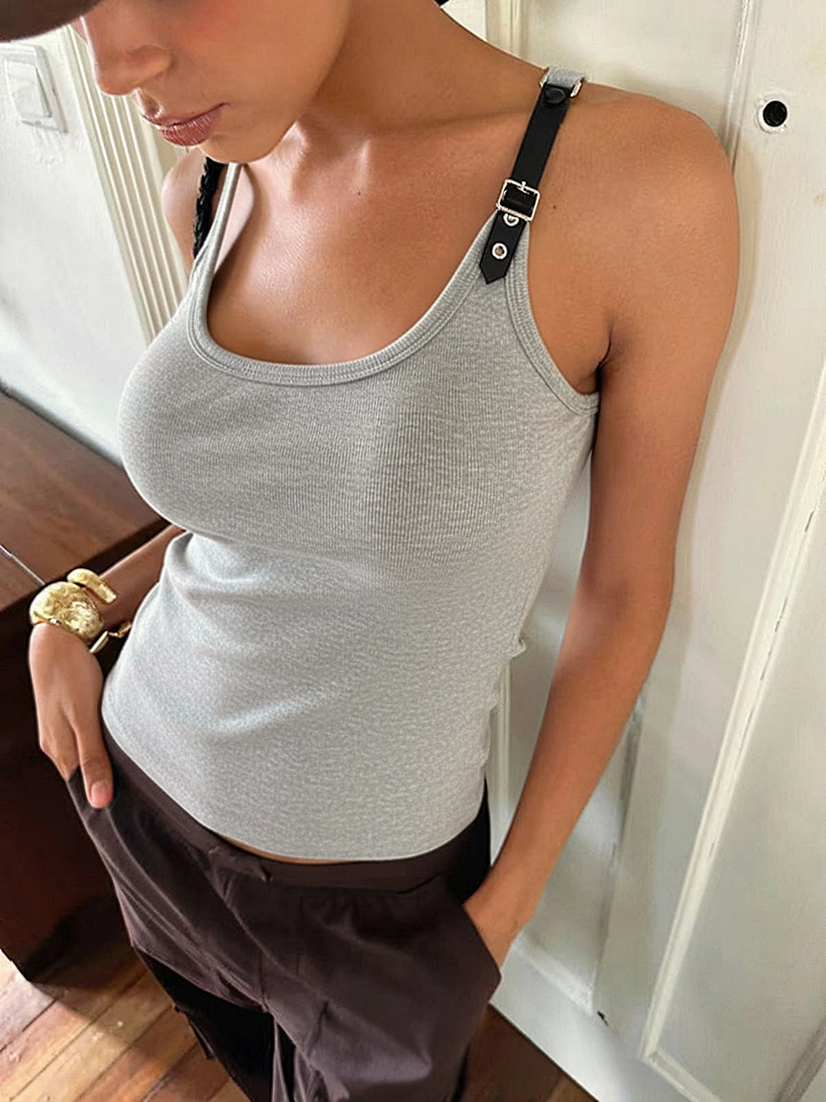 Ribbed Stretchy Faux Leather Buckle Vintage Tank Top-Chicvia