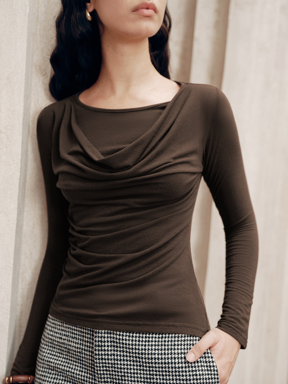 Long Sleeve Draped Crew Neck Top-Chicvia