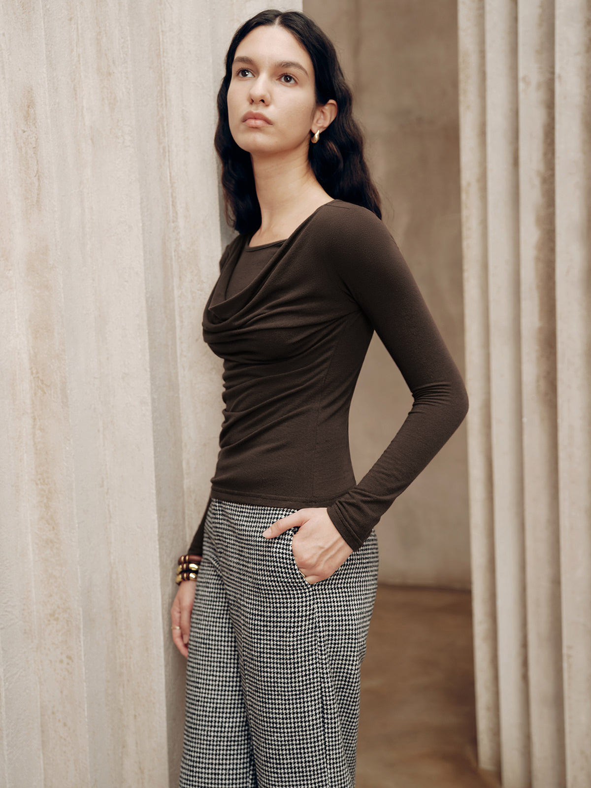 Long Sleeve Draped Crew Neck Top-Chicvia