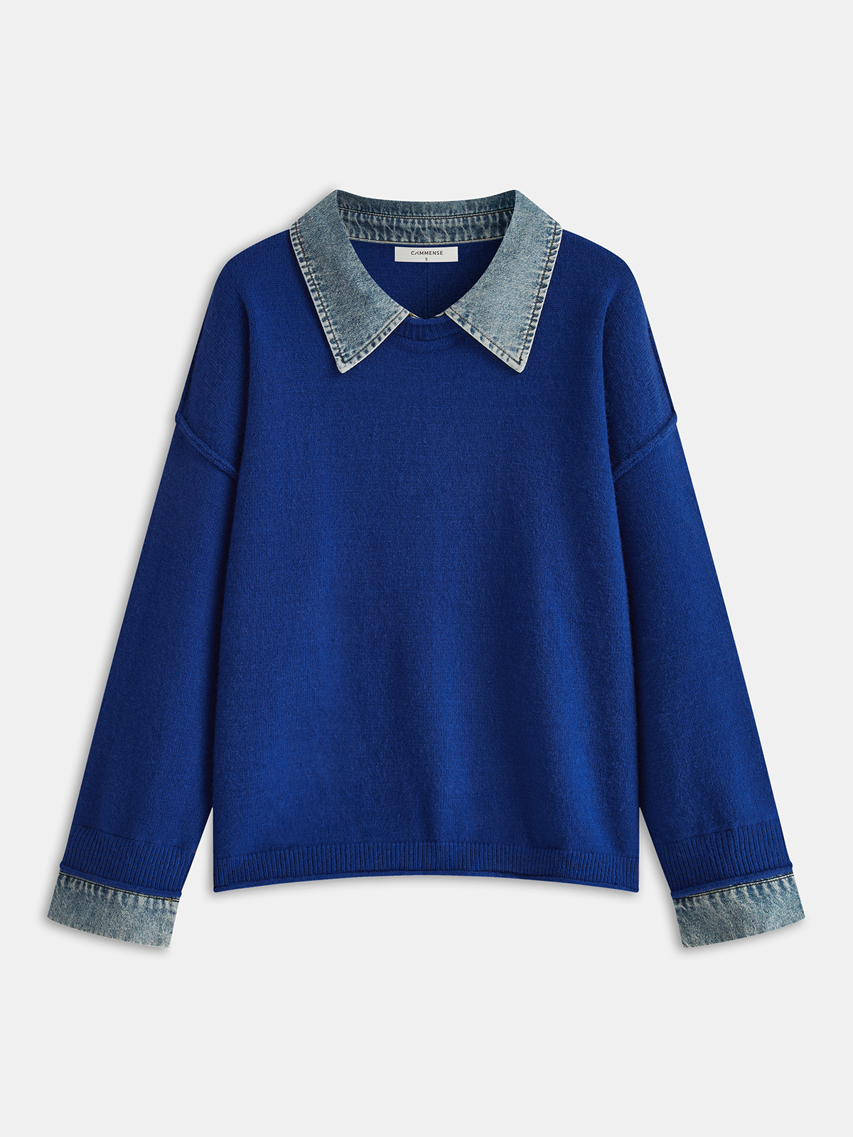 Denim Panel Knit Sweater-Chicvia
