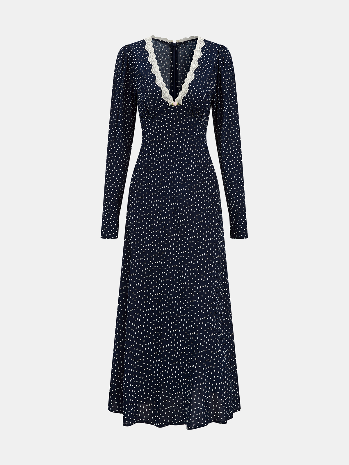 Polka Dot Lace Trim V-Neck Maxi Dress-Chicvia