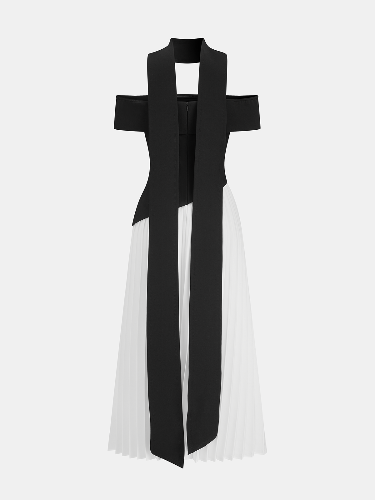 Color-Block Off-Shoulder Pleated Maxi Dress-Chicvia