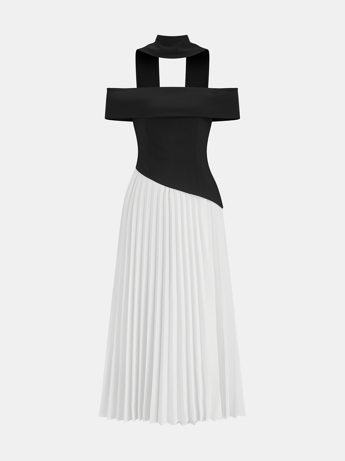 Color-Block Off-Shoulder Pleated Maxi Dress-Chicvia