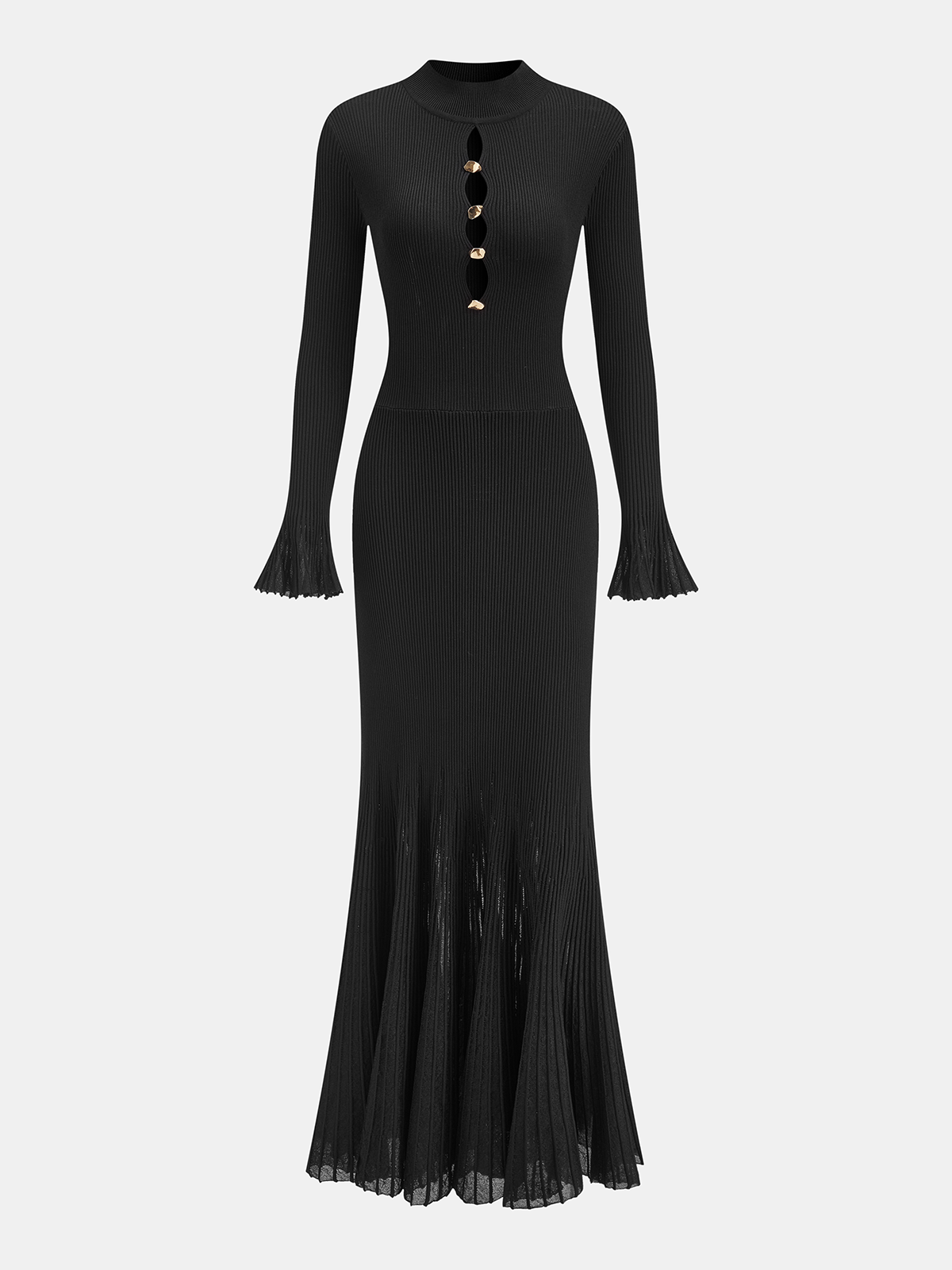 Metal Detail Cut-Out Ribbed Knit Maxi Dress-Chicvia