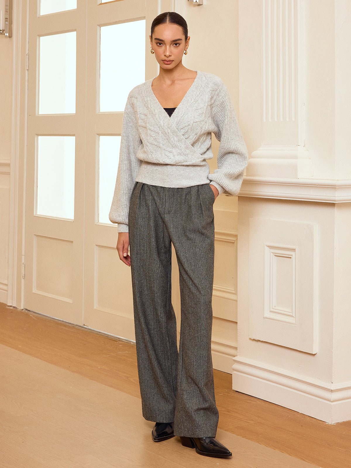 Cable Knit Wrap V-Neck Balloon Sleeve Sweater-Chicvia