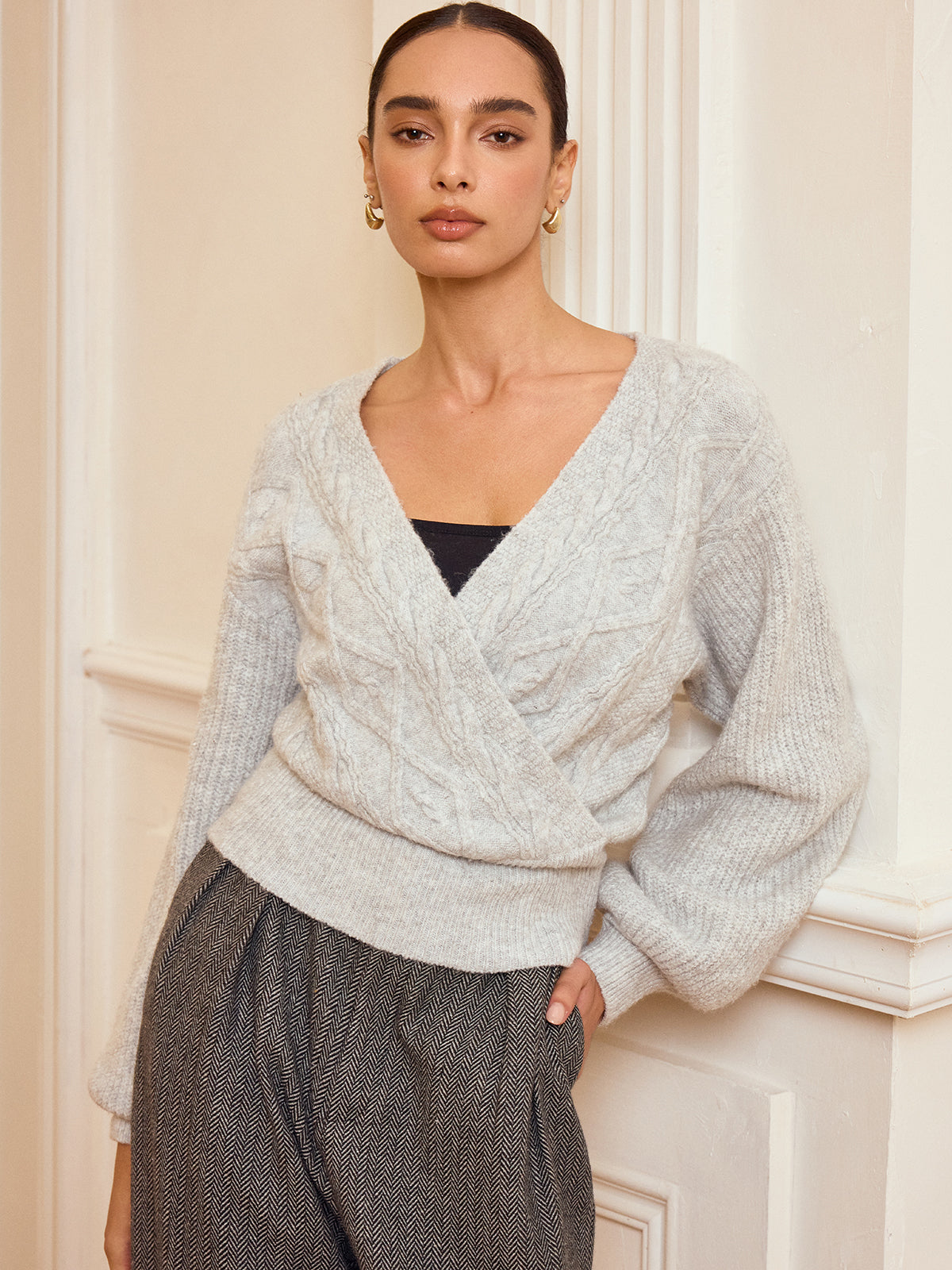 Cable Knit Wrap V-Neck Balloon Sleeve Sweater-Chicvia