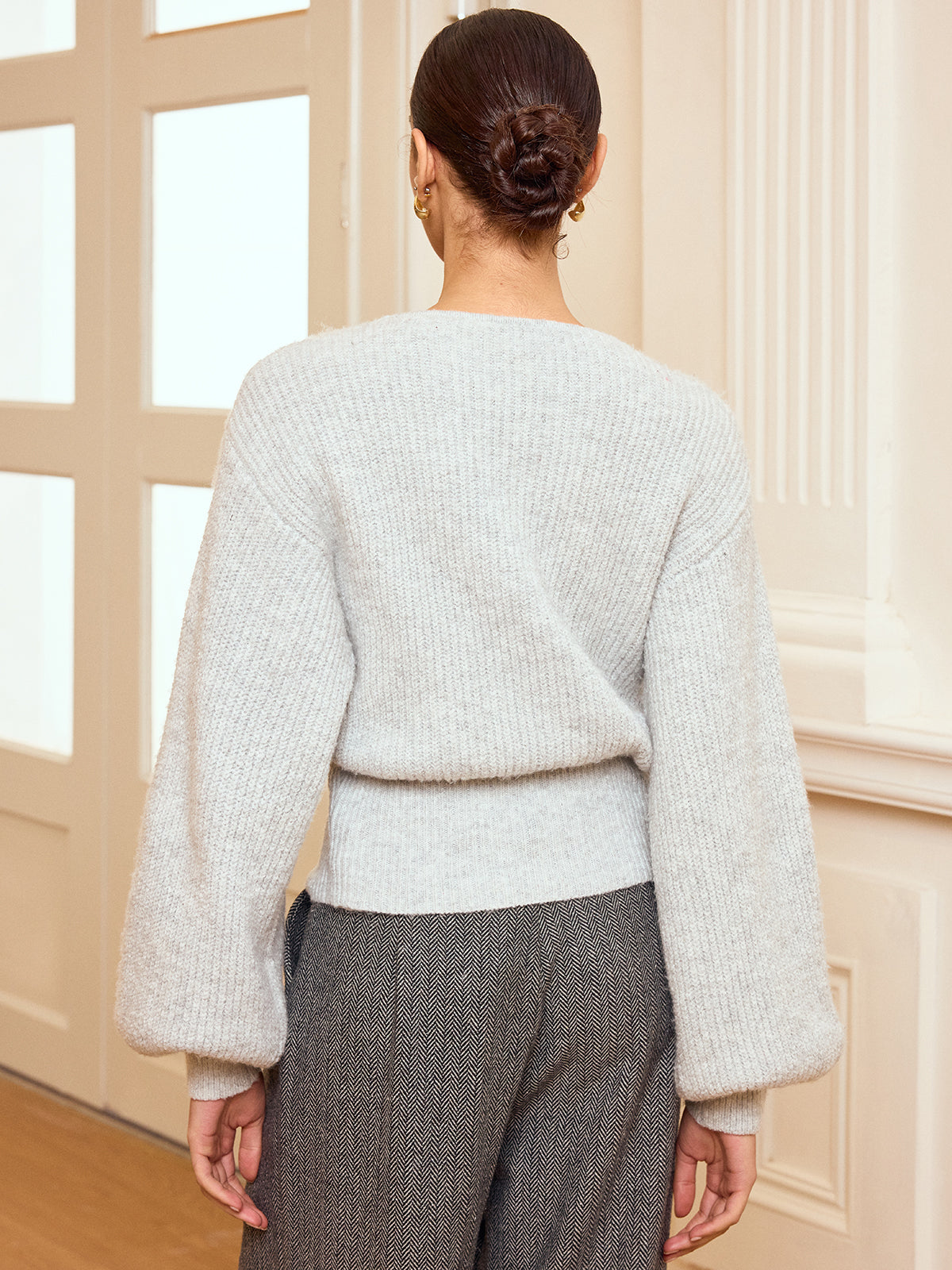 Cable Knit Wrap V-Neck Balloon Sleeve Sweater-Chicvia