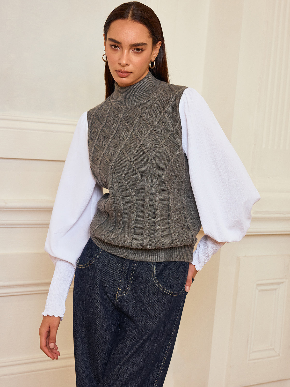 Leg-Of-Mutton Sleeve Panel Cable-Knit Sweater-Chicvia