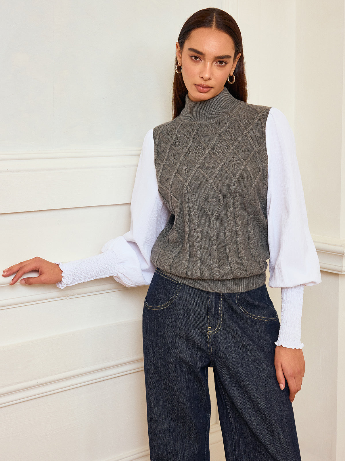 Leg-Of-Mutton Sleeve Panel Cable-Knit Sweater-Chicvia