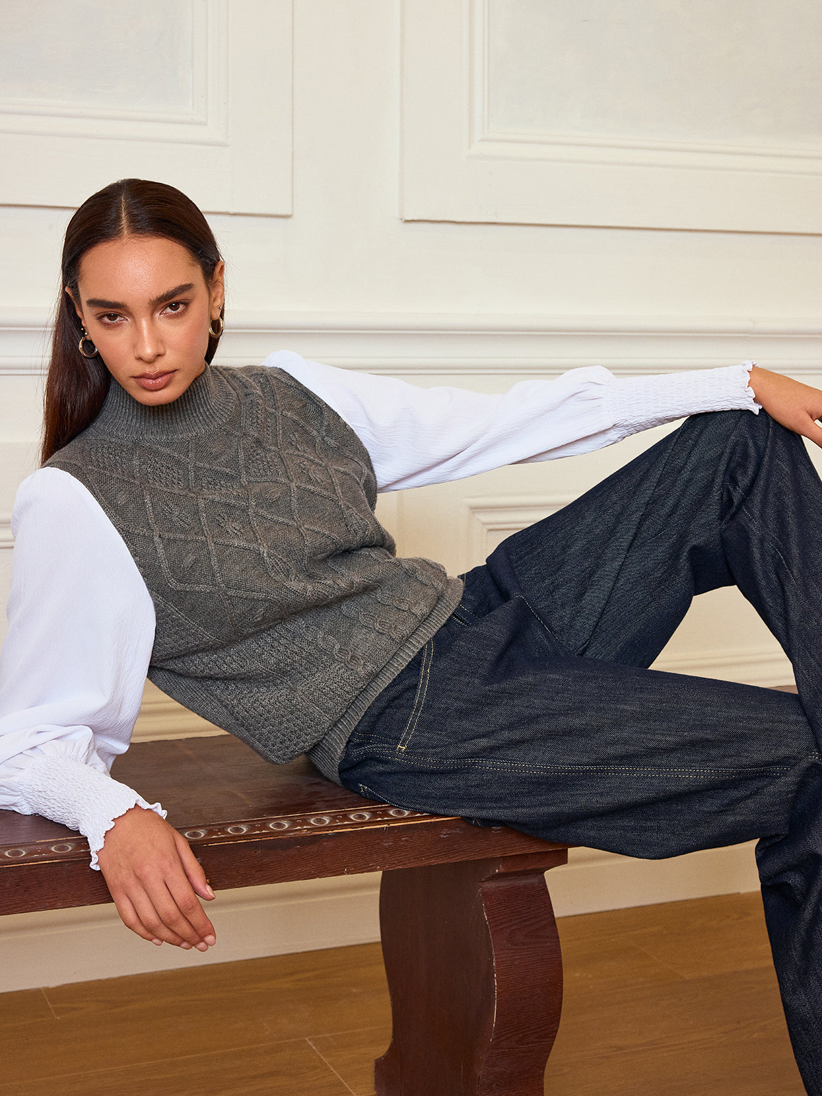 Leg-Of-Mutton Sleeve Panel Cable-Knit Sweater-Chicvia