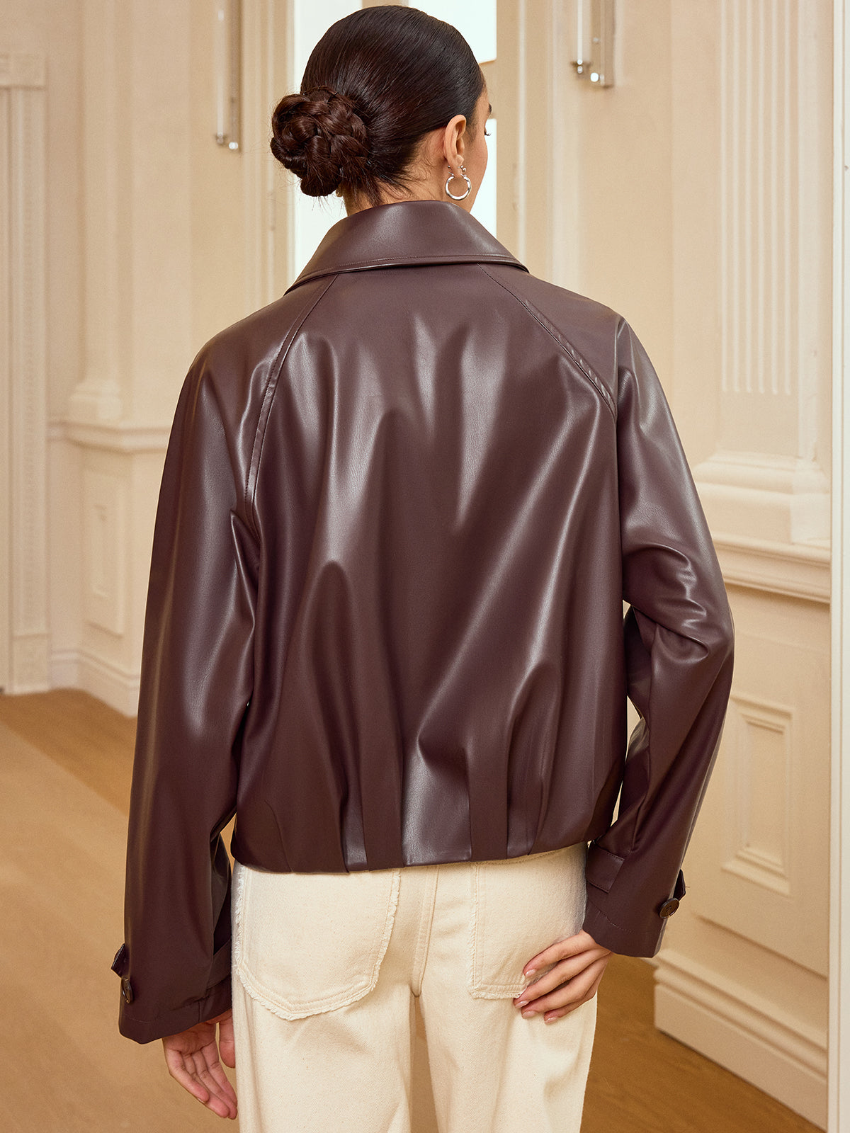 Collared Zip-Up Faux Leather Jacket-Chicvia