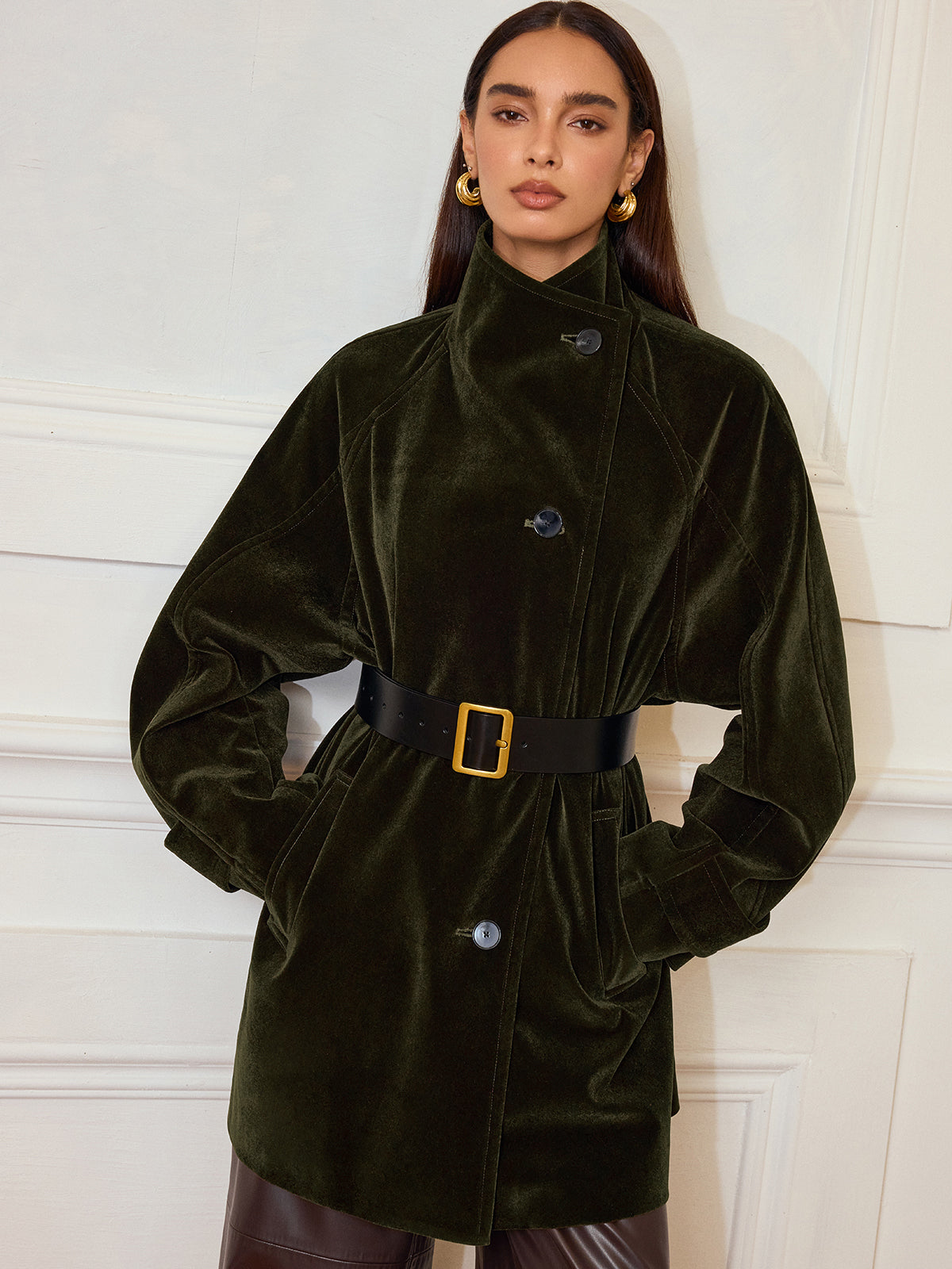 Pocketed Velvet Coat without Belt-Chicvia