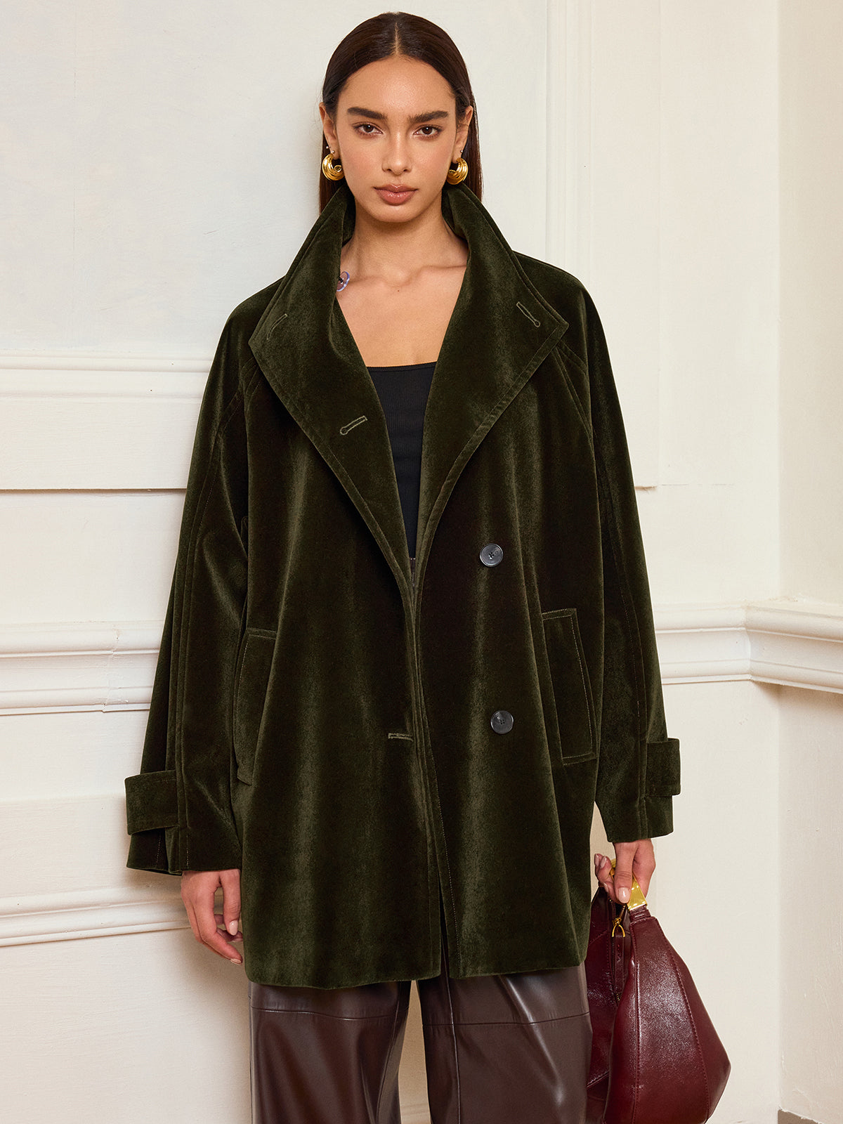 Pocketed Velvet Coat without Belt-Chicvia