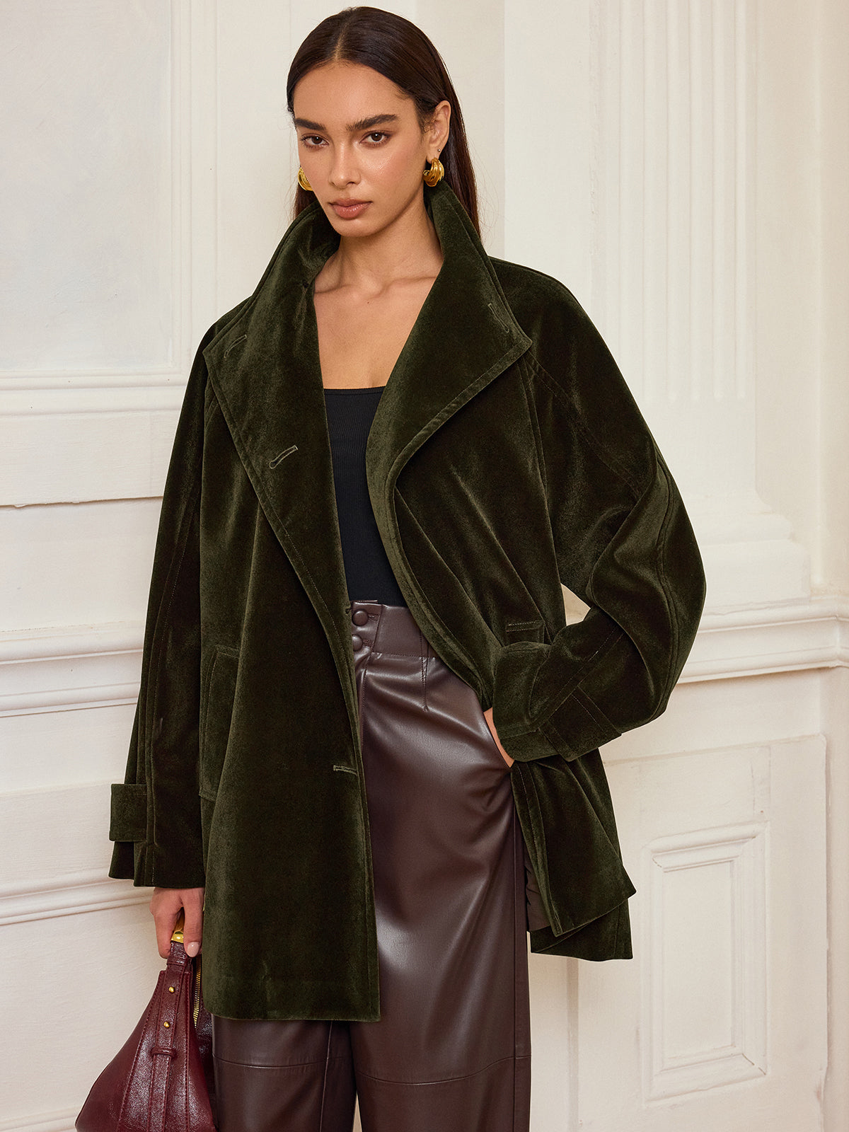 Pocketed Velvet Coat without Belt-Chicvia
