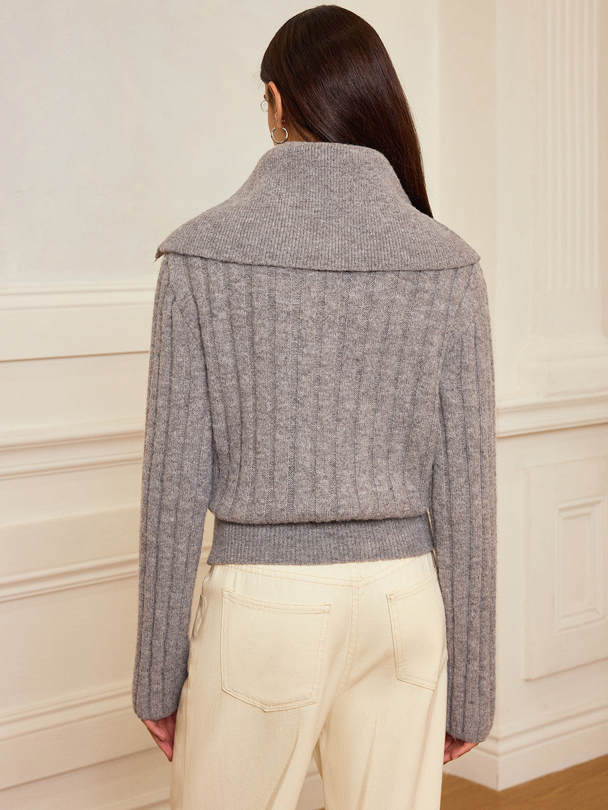 Lapel Collar Wool-Blend Sweater-Chicvia