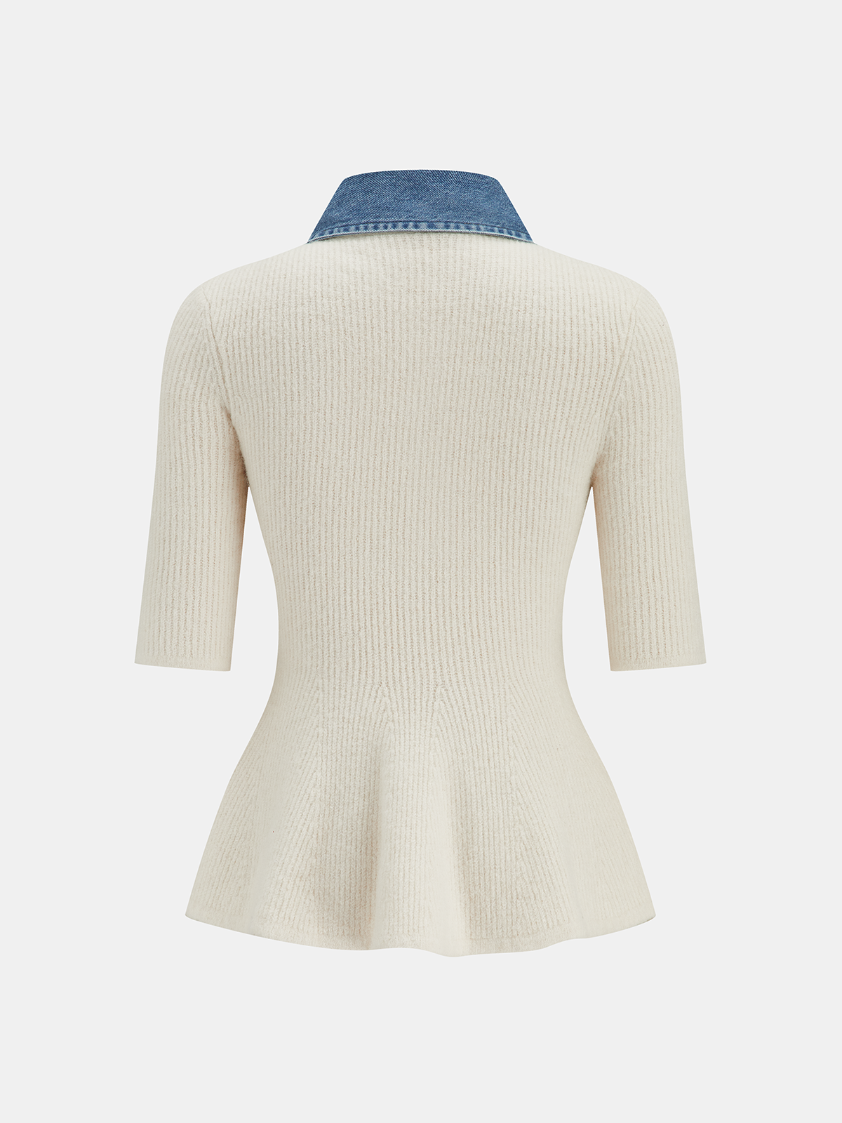 Denim Panel Wool-Blend Peplum Knit Top-Chicvia