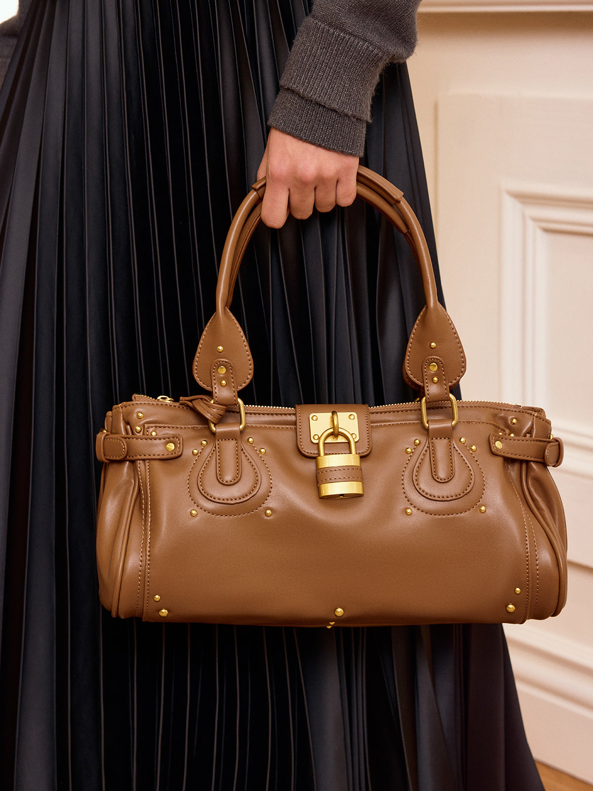 Lock Detail Studded PU Leather Top Handle Bag-Chicvia