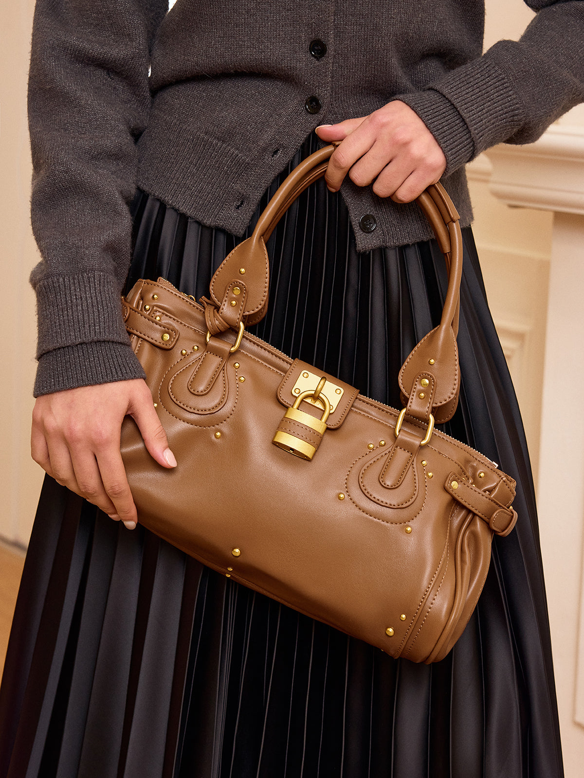 Lock Detail Studded PU Leather Top Handle Bag-Chicvia