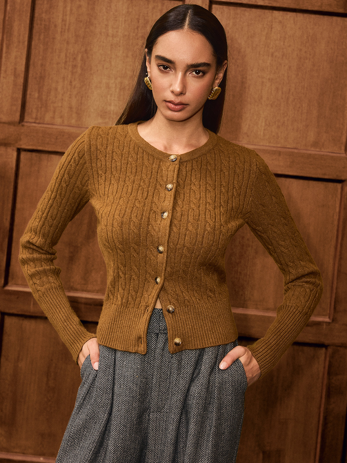 Button-Front Cable-Knit Cardigan-Chicvia