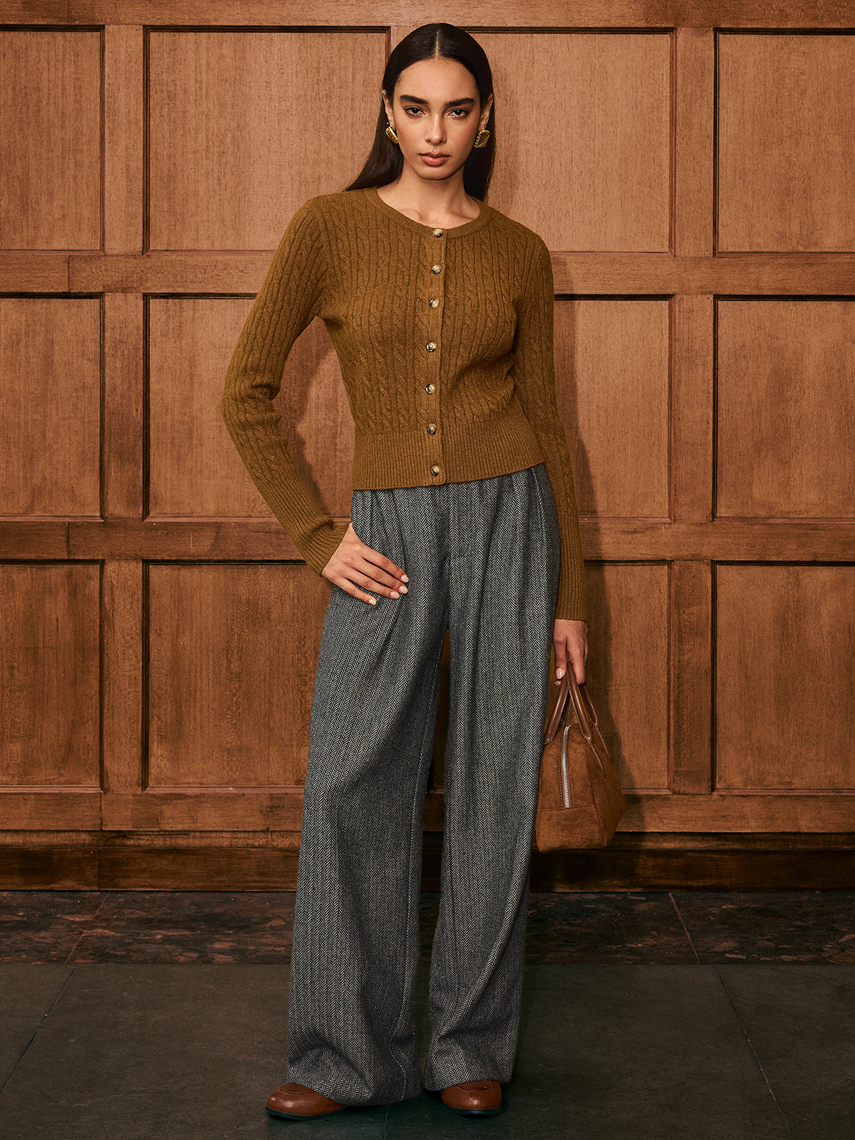 Button-Front Cable-Knit Cardigan-Chicvia