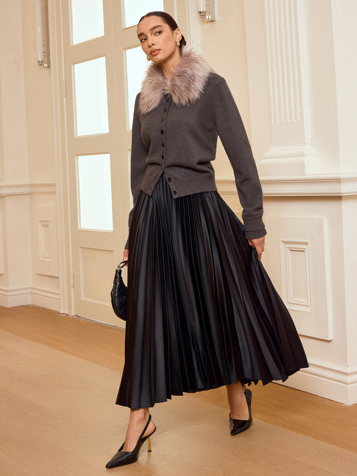 Faux Fur Collar Button-Front Cardigan-Chicvia