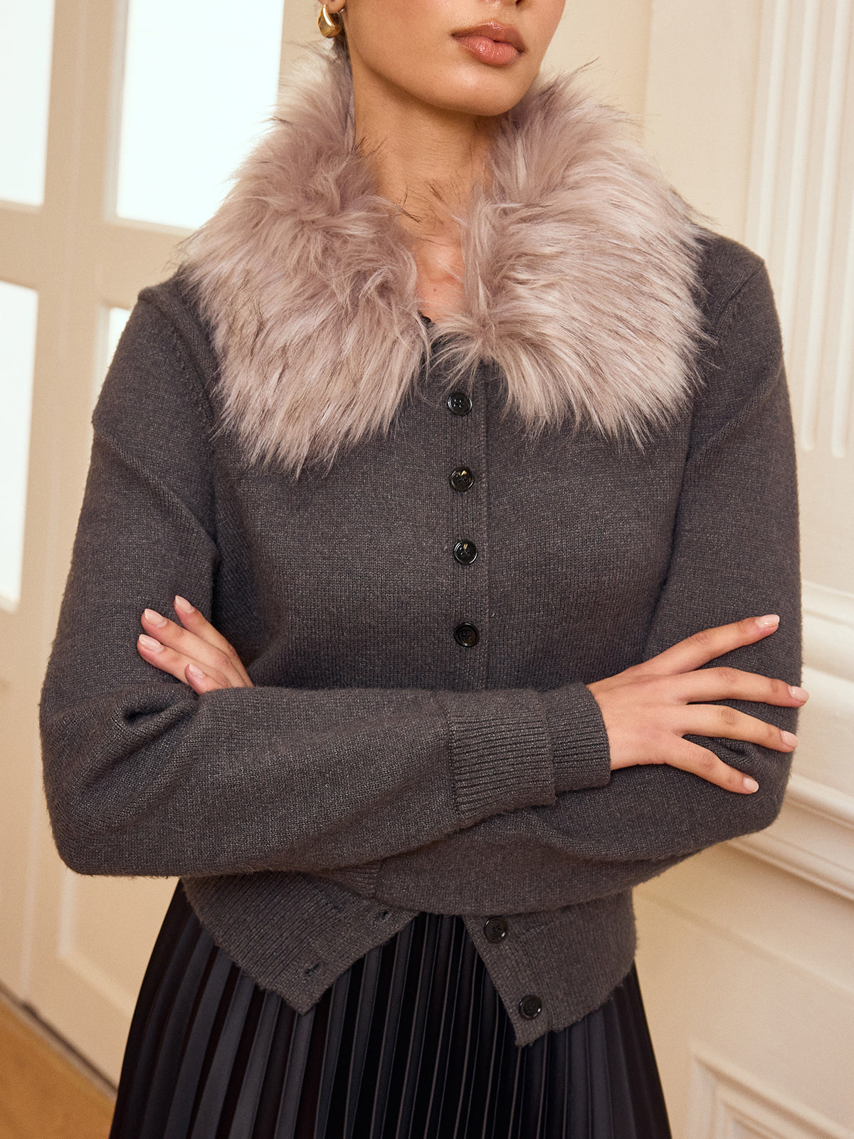 Faux Fur Collar Button-Front Cardigan-Chicvia