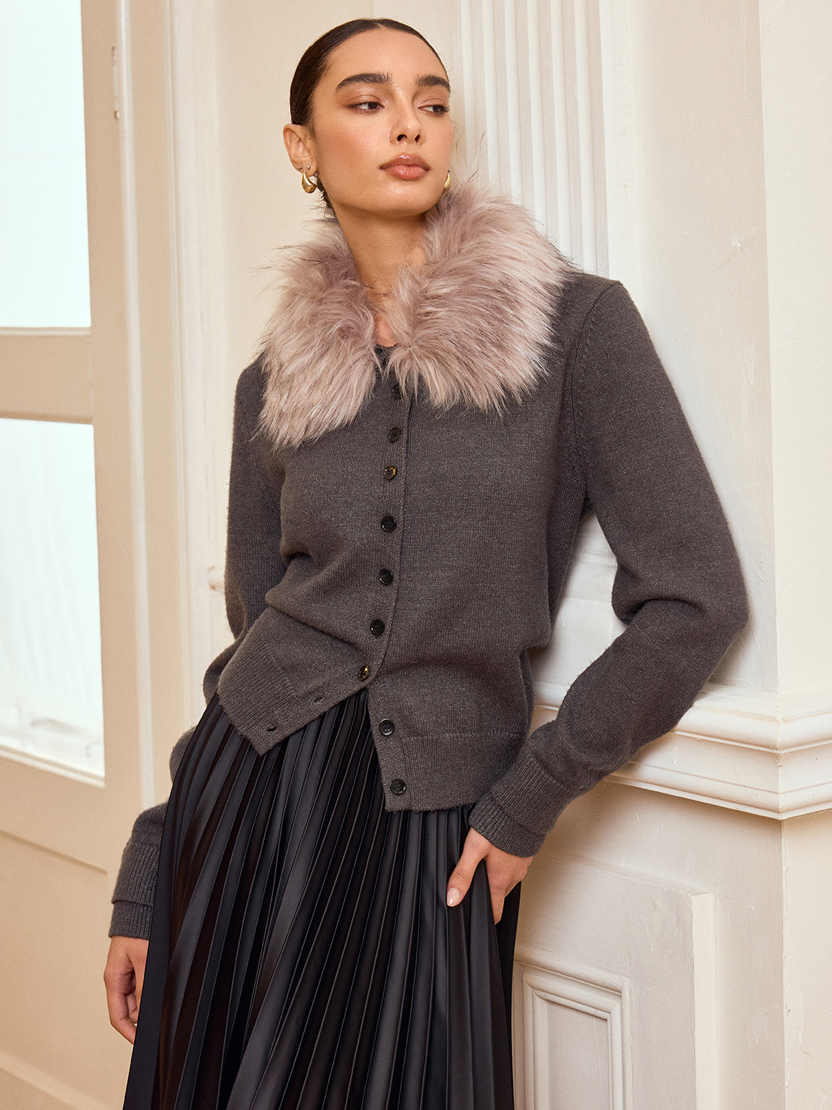 Faux Fur Collar Button-Front Cardigan-Chicvia