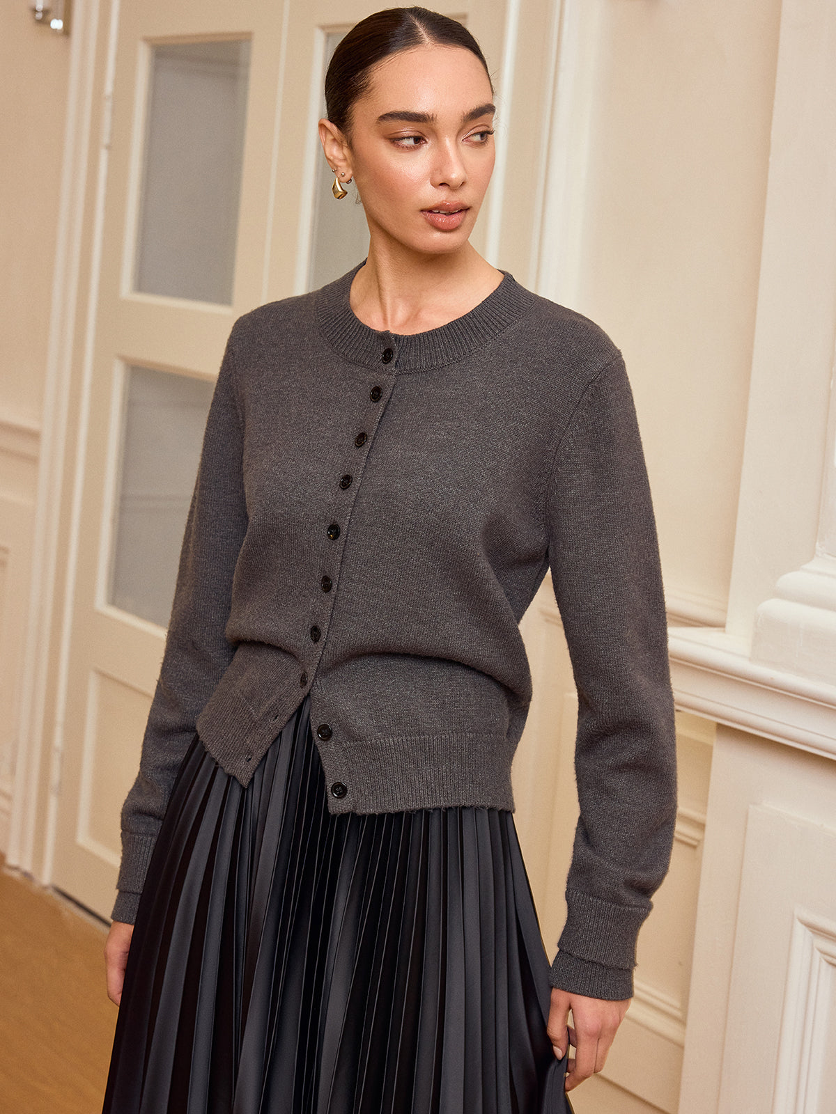 Faux Fur Collar Button-Front Cardigan-Chicvia