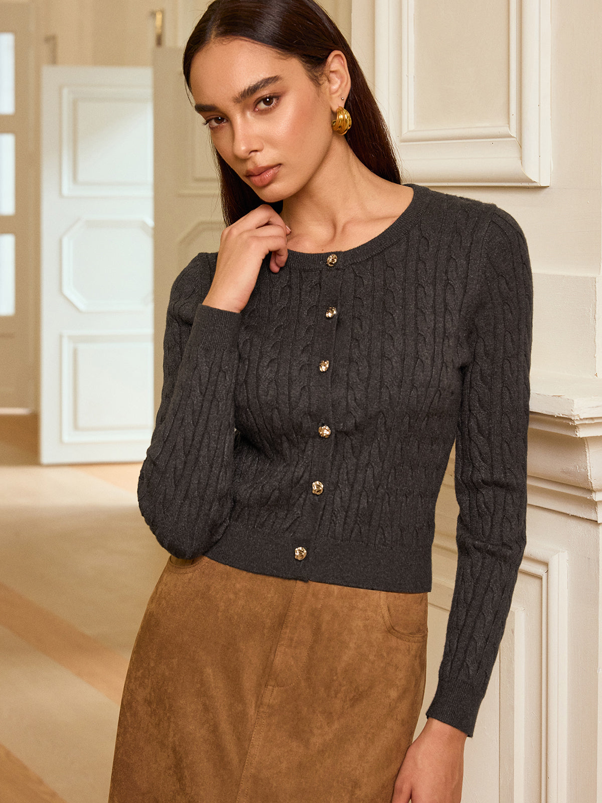 Metal Button Cable-Knit Cardigan-Chicvia