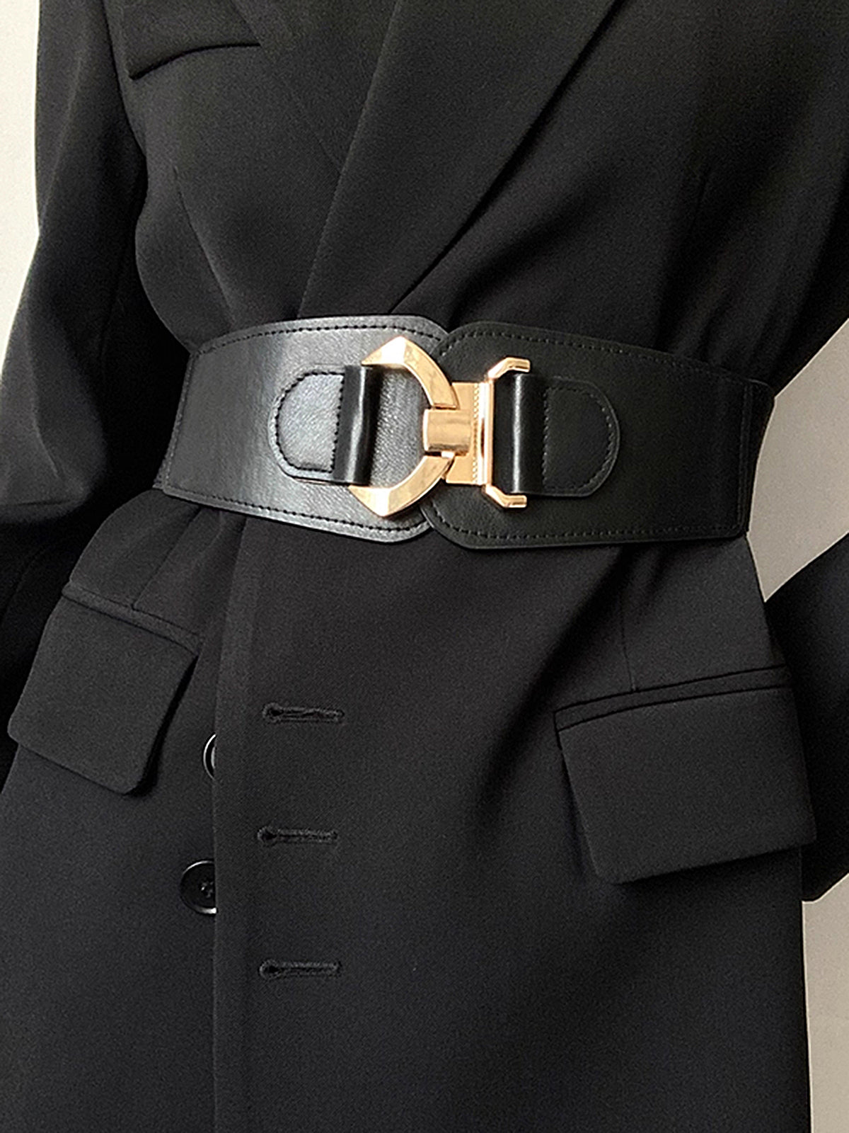 Elastic Faux Leather Wide Waist Belt-Chicvia