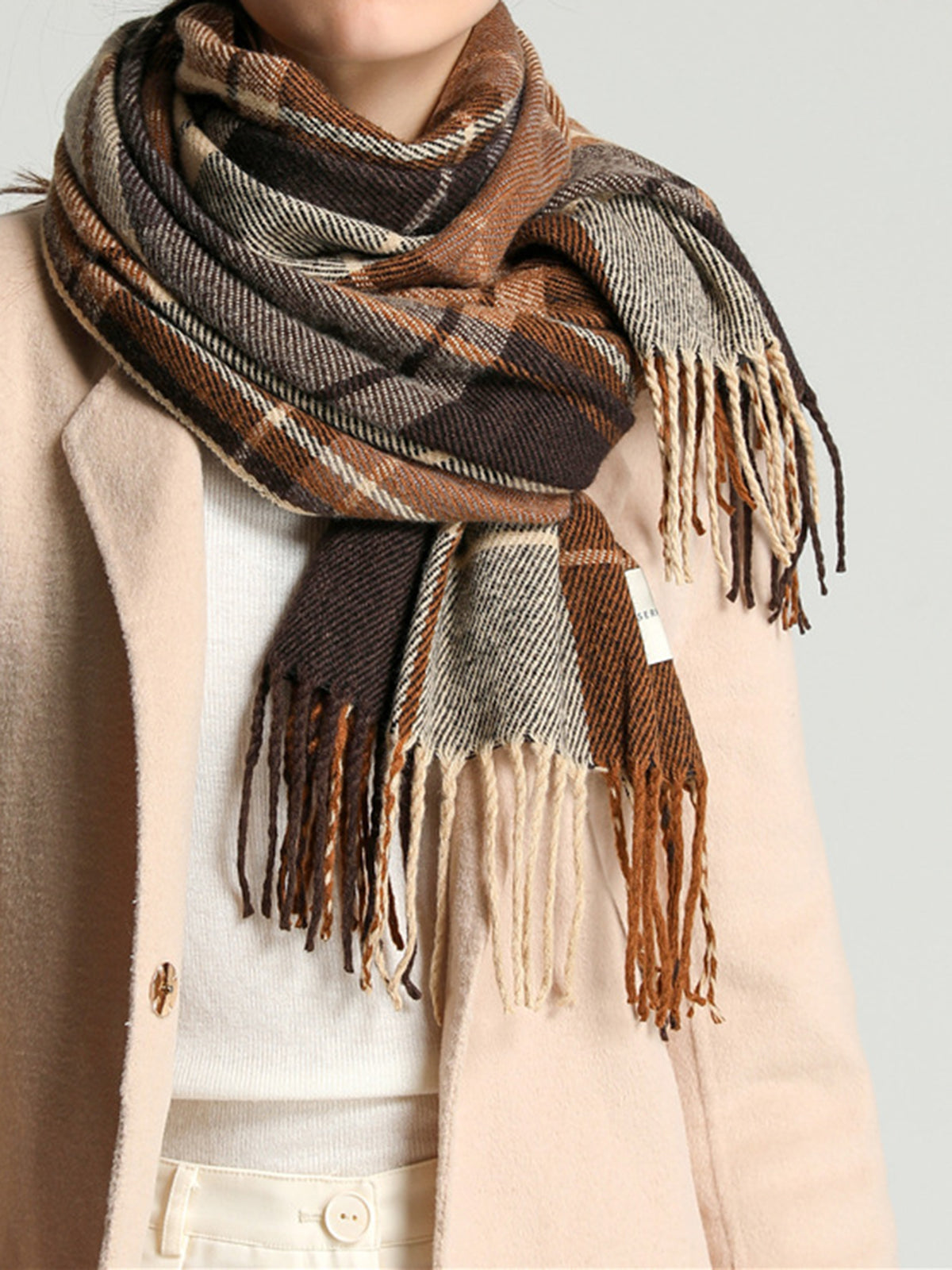 Plaid Fringed Winter Scarf-Chicvia