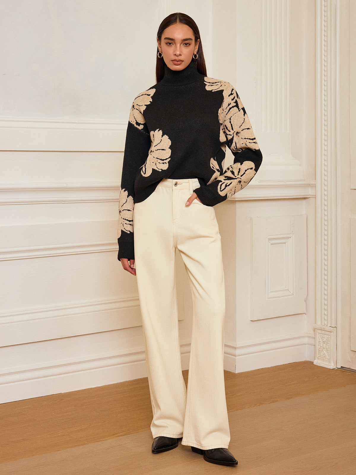 Floral Turtleneck Knit Top-Chicvia