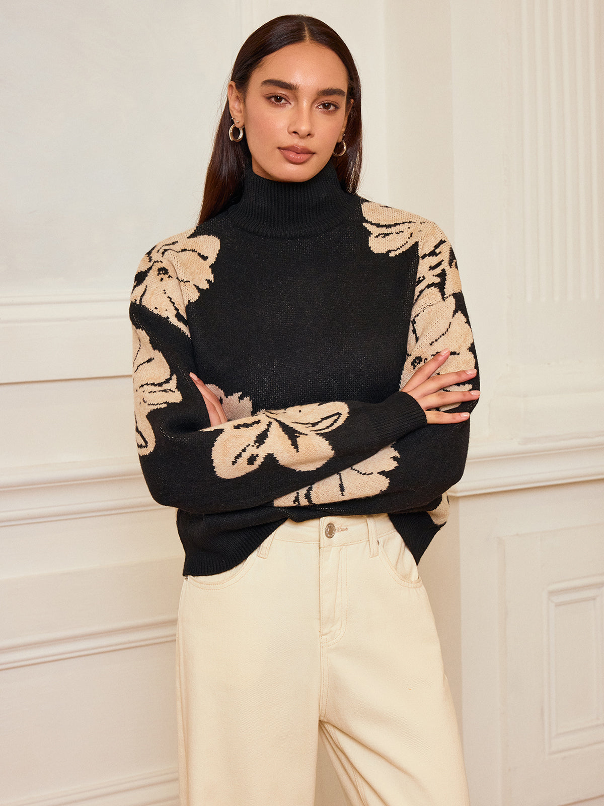 Floral Turtleneck Knit Top-Chicvia