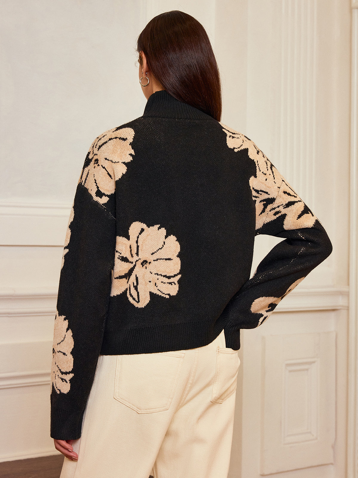 Floral Turtleneck Knit Top-Chicvia