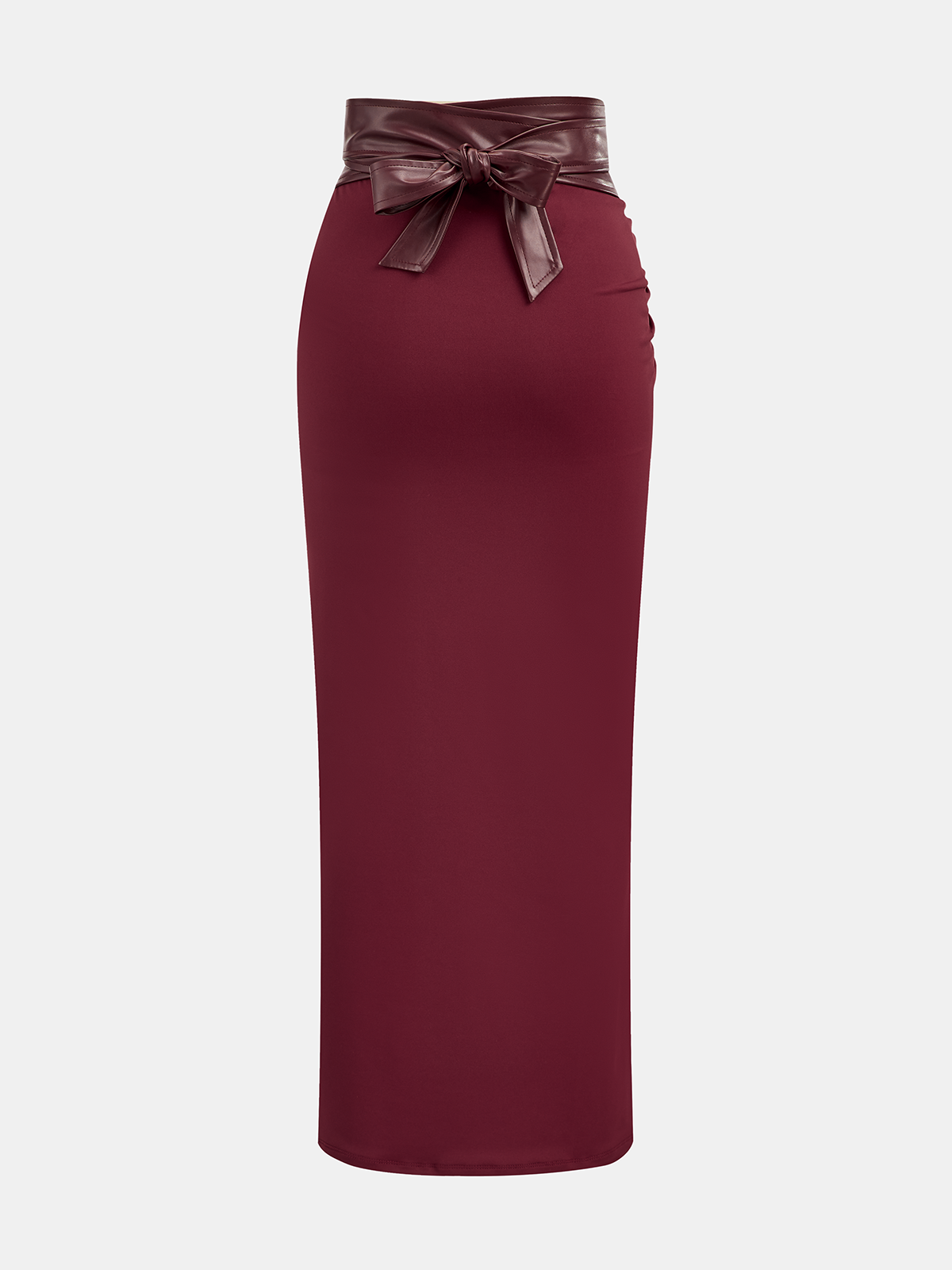 Faux Leather Panel Ruched Midi Skirt-Chicvia